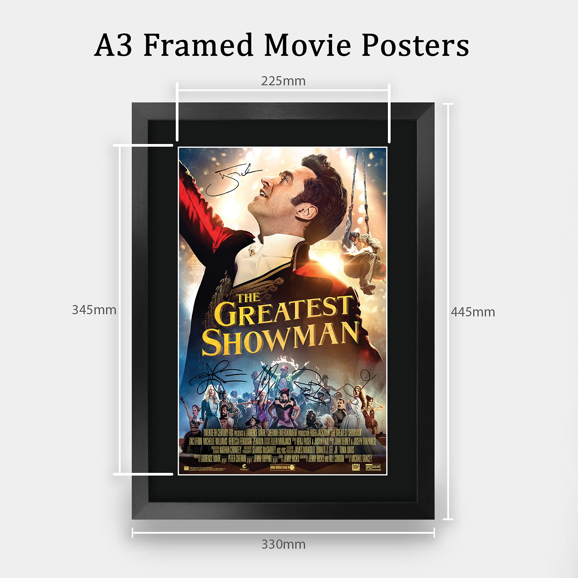 HWC Trading The Greatest Showman A3 Gerahmte Signiert Gedruckt Autogramme Bild Druck-Fotoanzeige Geschenk Für Hugh Jackman Michelle Williams Zac Efron Zendaya Rebecca Ferguson Filmplakat Fans
