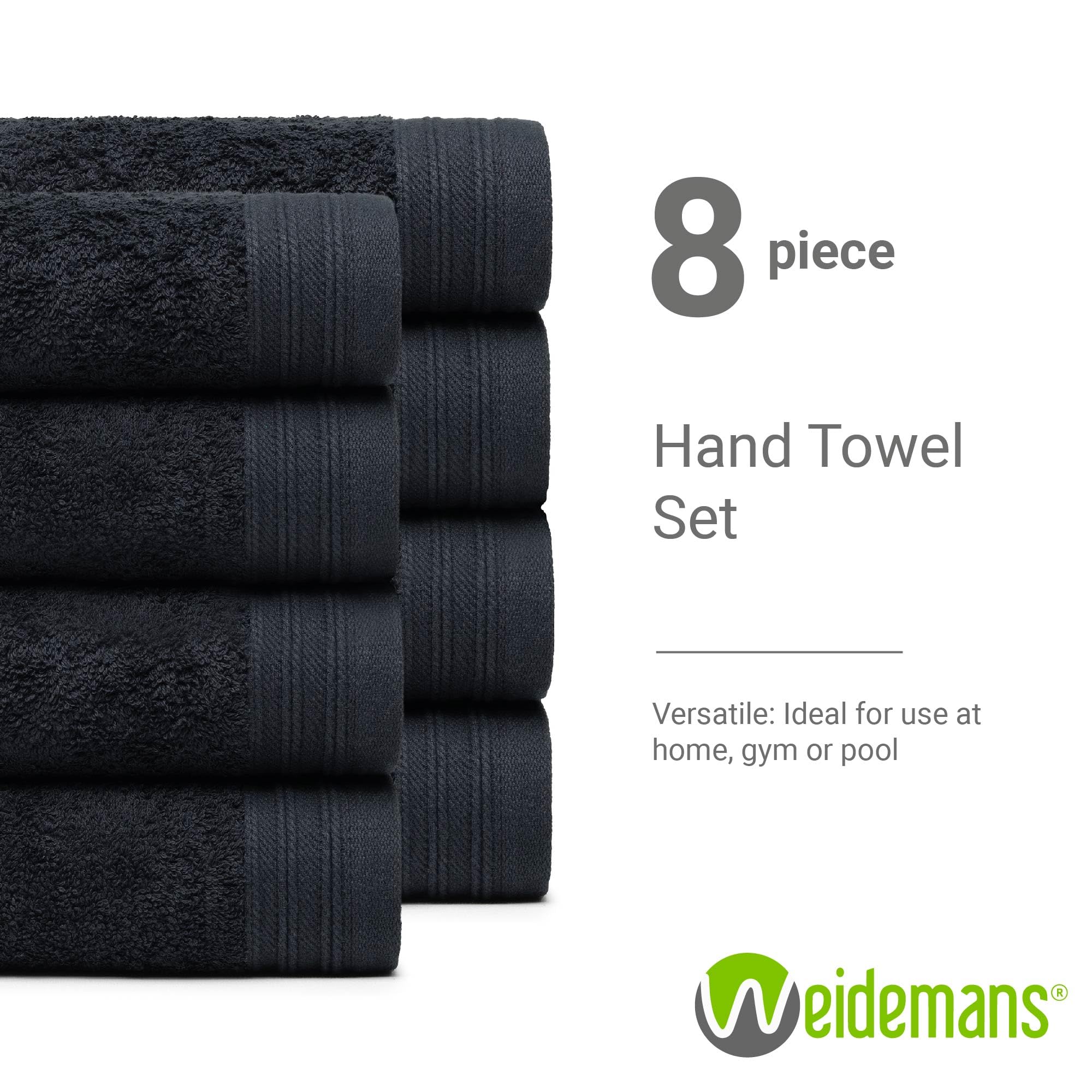 Juego de 8 toallas de mano prémium de 18 x 30 pulgadas, color: negro, 100% algodón, 8 toallas de mano ultra suaves y altamente absorbentes para baño, gimnasio, hotel, spa, lavable a máquina