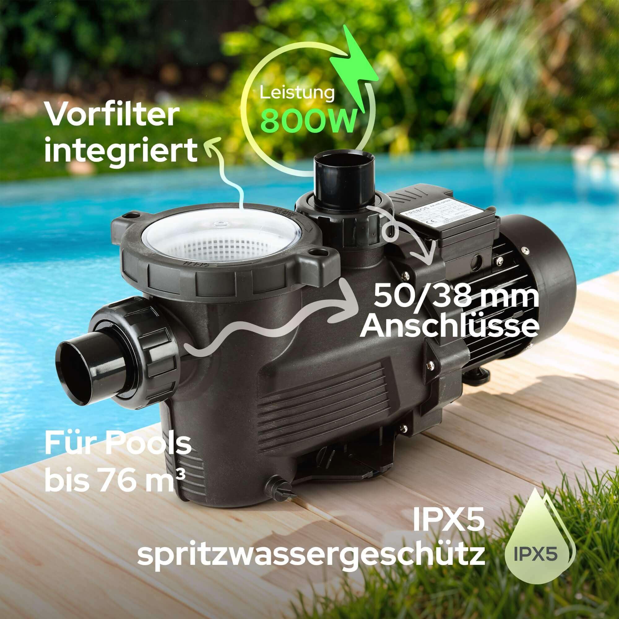 Arebos Schwimmbadpumpe 800W | Filterpumpe mit Vorfilter & 19000 l/h | Poolpumpe für Sandfilteranlage & Filtersystem | leistungsstark & energieeffizient | für Pool Garten & Swimmingpool