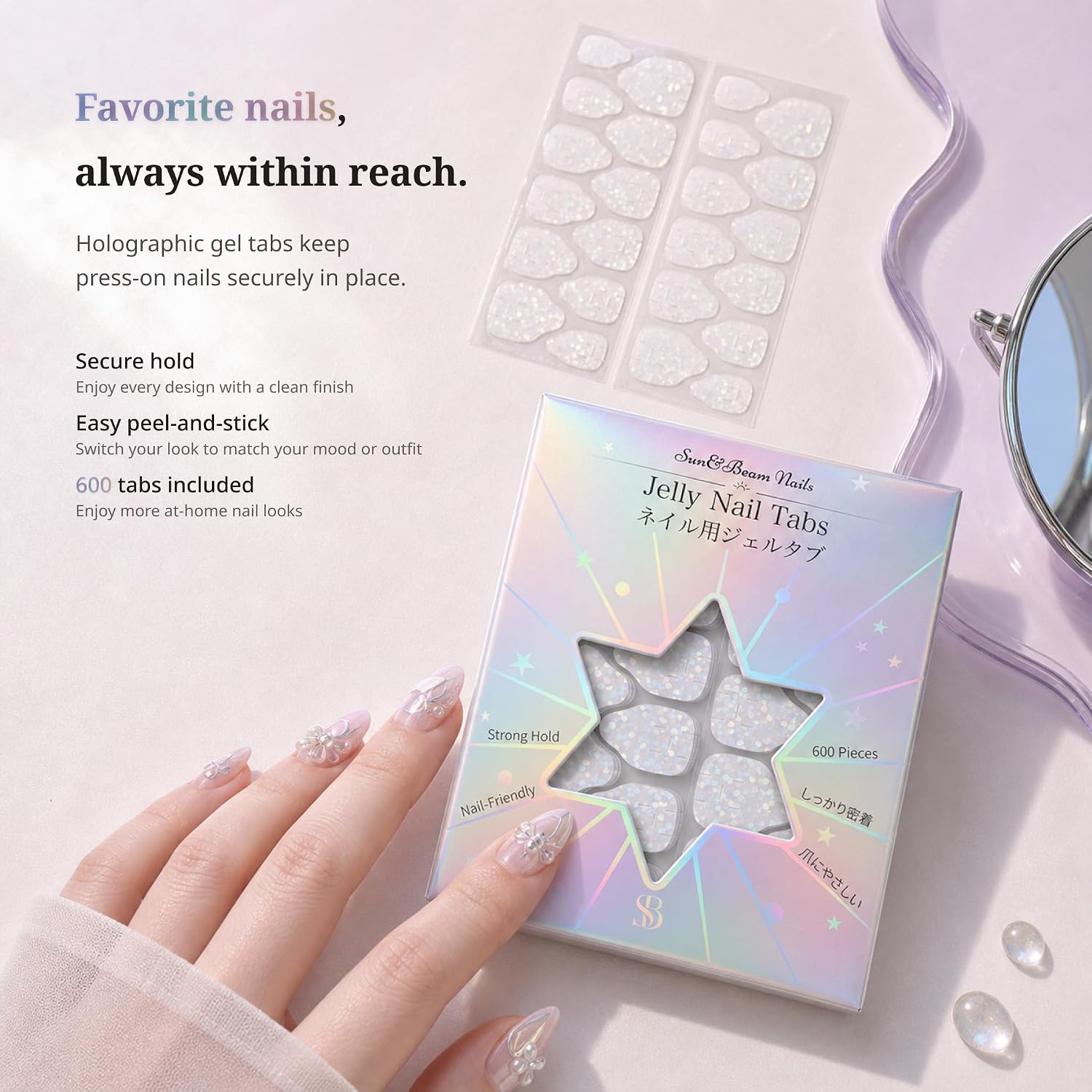 Sun&Beam Nails Jelly Nail Tabs Pro Max 15 Sizes Strong Adhesive Waterproof Double Sided Tabs for Press-On Nails 600 Pcs (for Most Nail Sizes) image 2