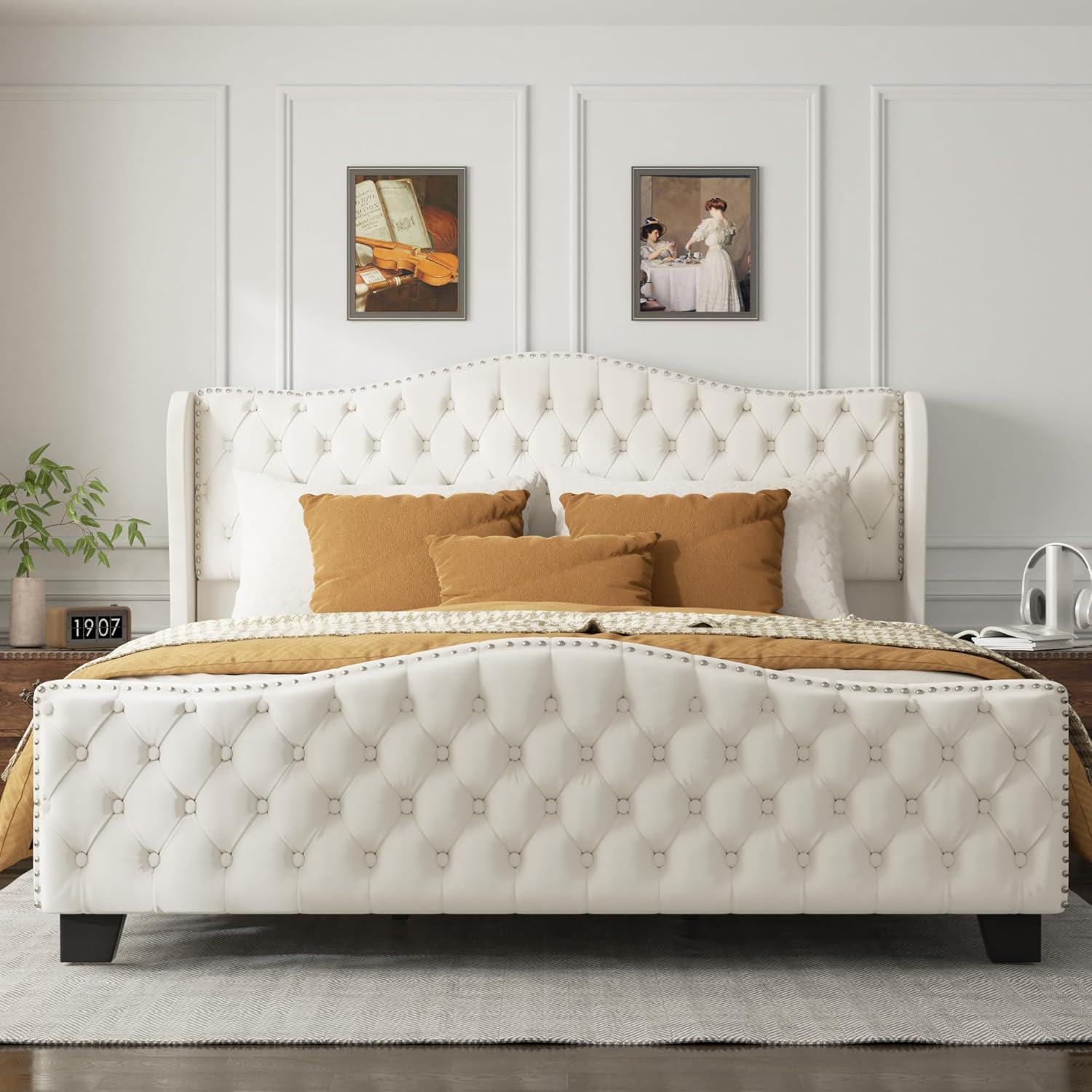 Queen Size Platform Bed Frame with 51-inch Tall Camelback Headboard & Wingback, Deep Button Tufted Footboard with Nailhead Trim, No Box Spring Needed, Beige