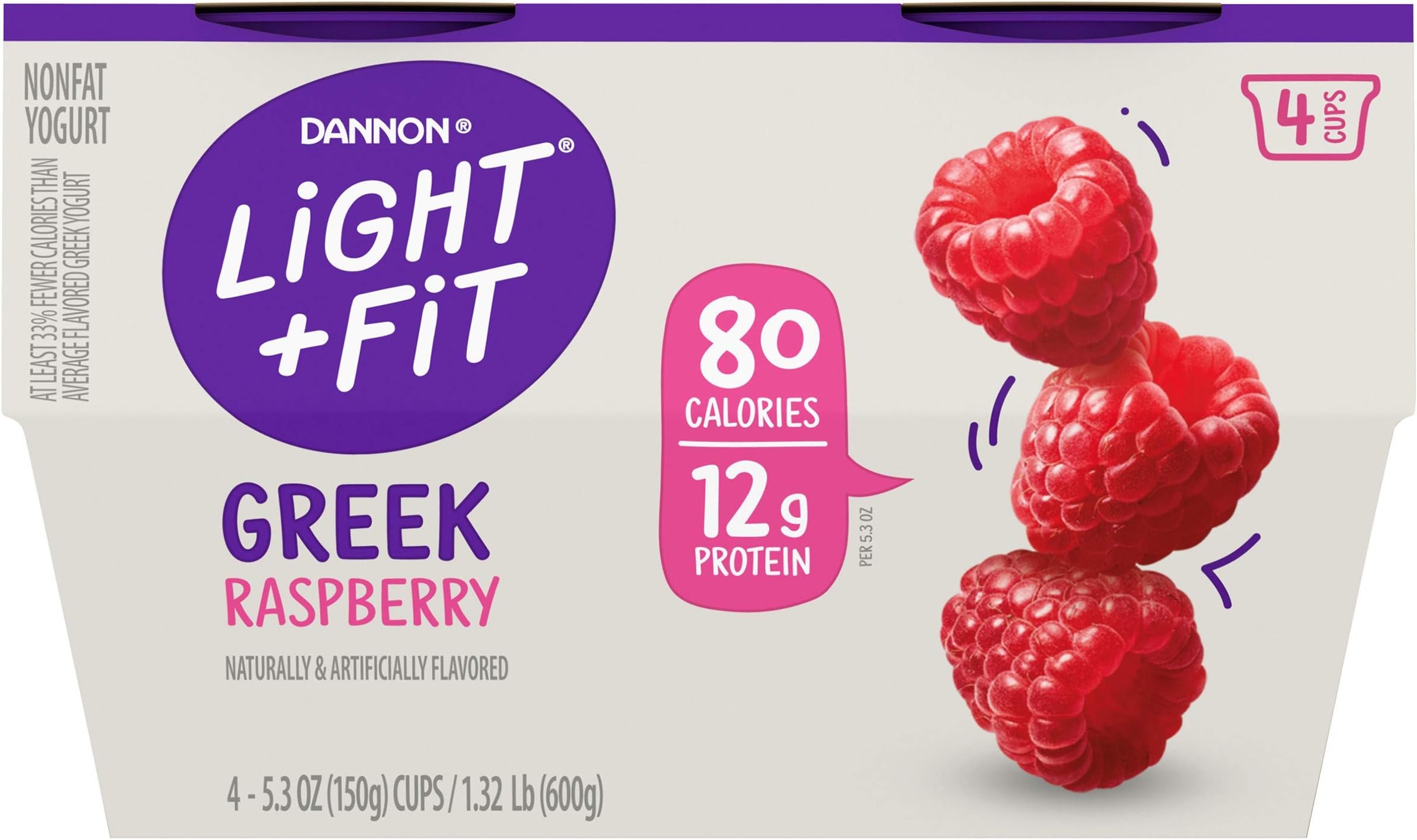 Dannon Light + Fit Greek Nonfat Yogurt, Raspberry, Gluten-Free, 5.3 oz., 4 Pack (Packaging May Vary)