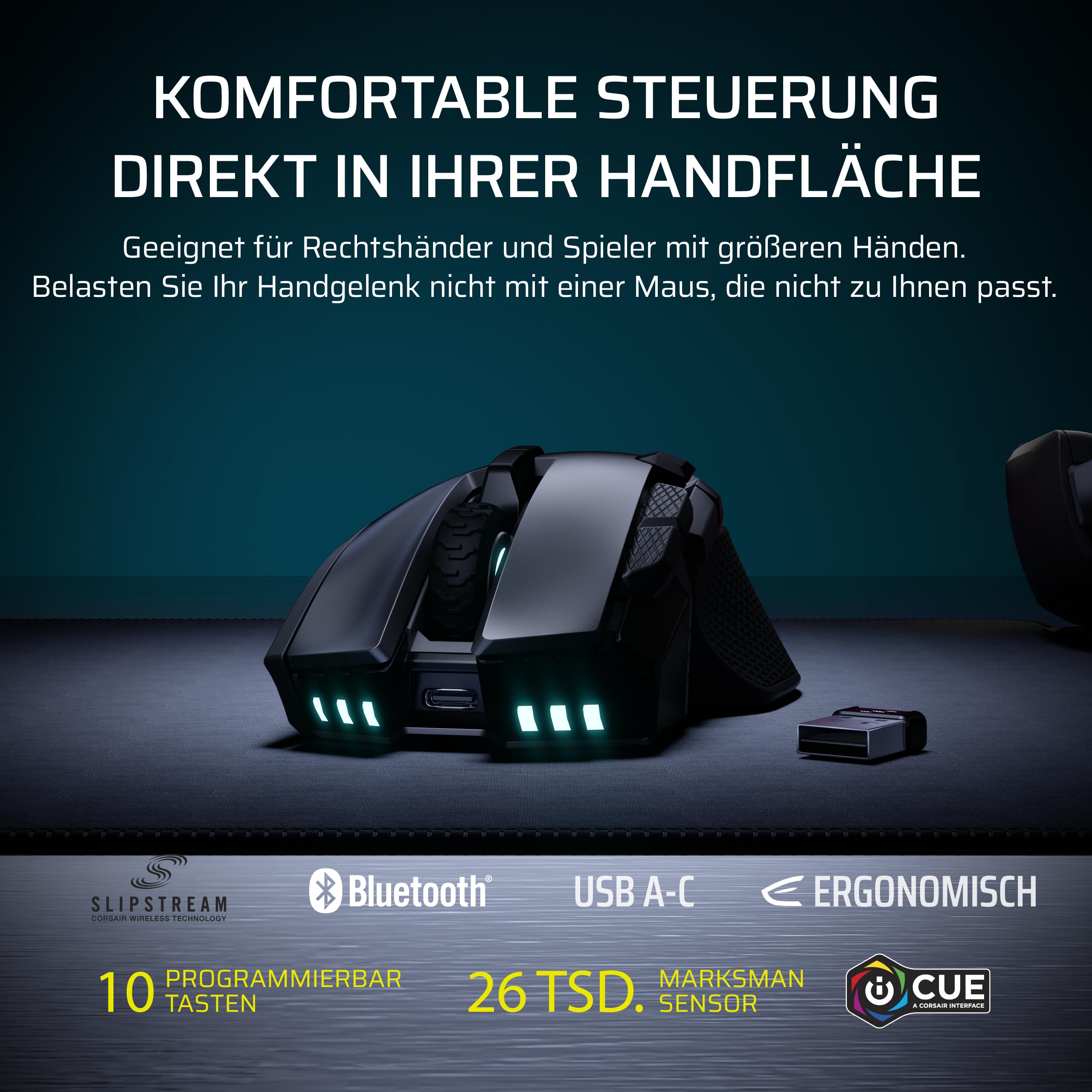 Corsair IRONCLAW Wireless SE Gaming-Maus Schwarz 26,000 DPI Ergonomisches Design 10 Programmierbare Tasten