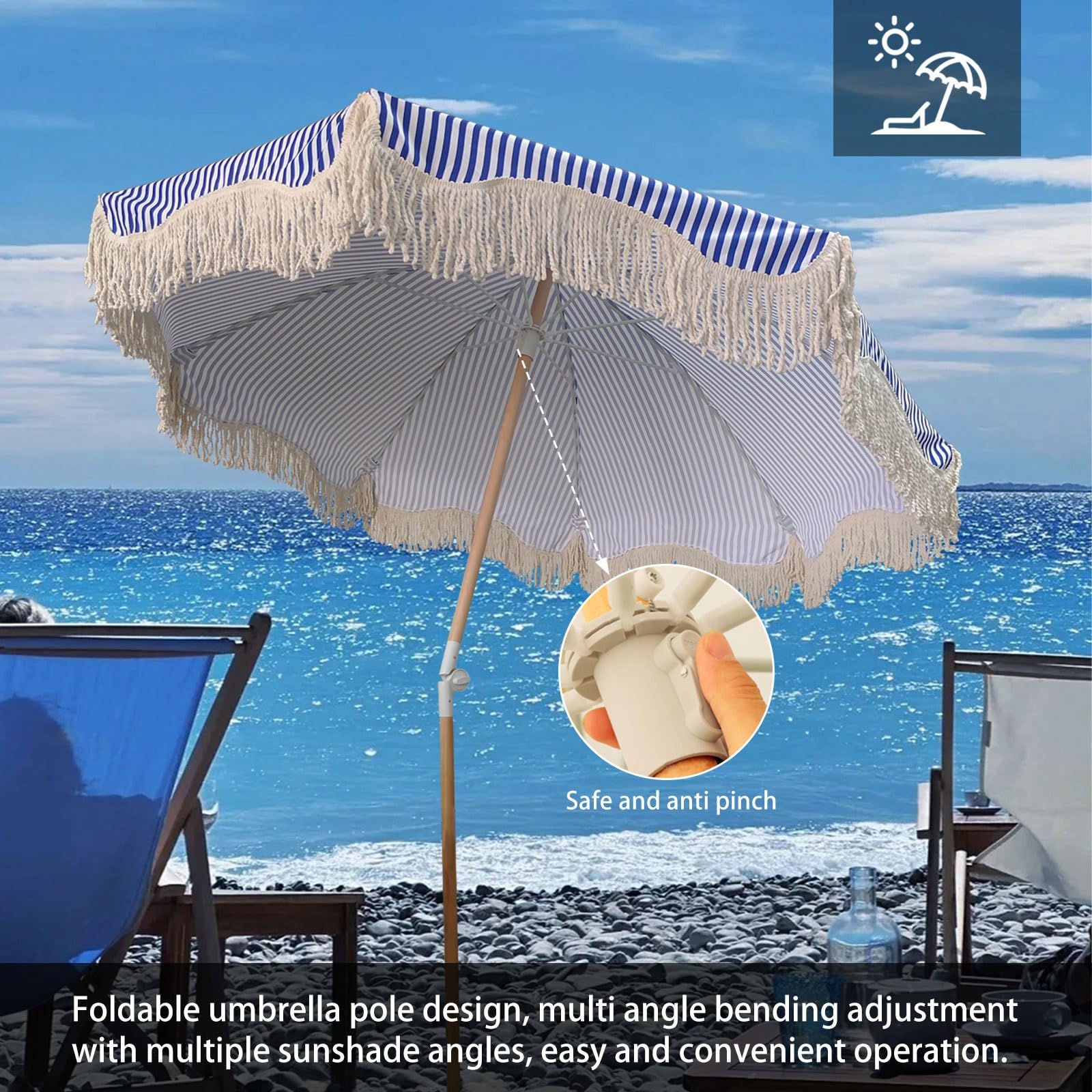 Ombrello da patio per esterni, stile bohémien, con nappa, a righe, blu, bianco, impermeabile, UPF50+, 8 costole, inclinabile, portatile, con borsa per il trasporto, per spiaggia, piscina, giardino