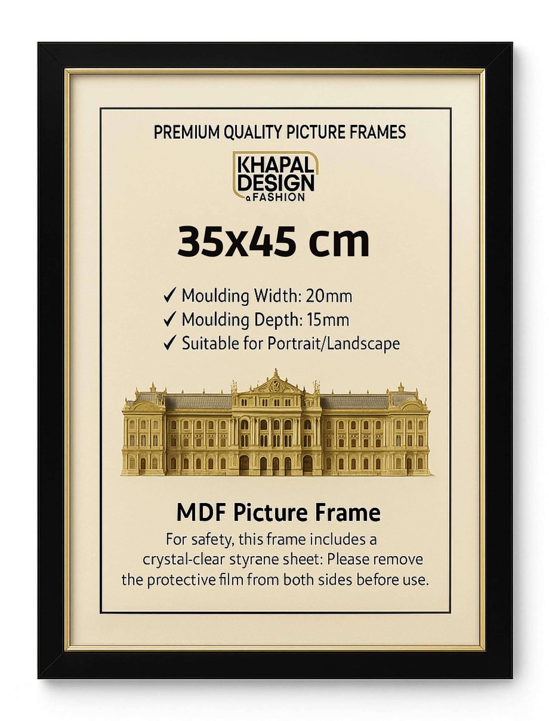 KDF 35x45 cm MDF Picture Frame – Black Wall Photo Frame with Shatterproof Clear Styrene Sheet | Poster, Certificate & Artwork Frame for Home & Office Wall Décor | Portrait & Landscape