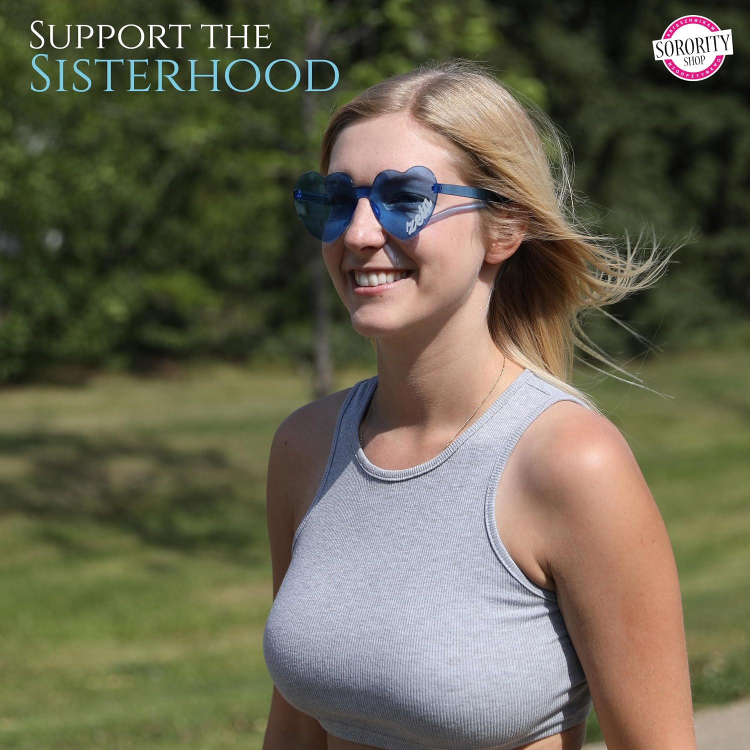 Sorority Shop Delta Phi Epsilon Sunglasses — Heart Shaped Sunglasses Printed with DPE Logo, Greek Sorority Sunglass for Big Little Sorority Gifts