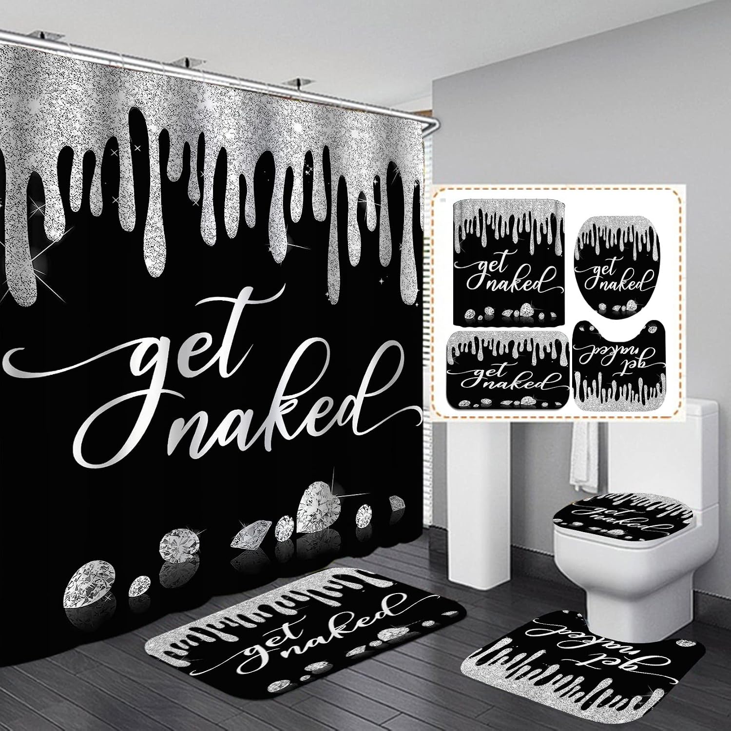 Camille&Andrew 4PCS Get Naked Shower Curtain Set, Luxury Jewelry Shining Diamond Funny Quotes Modern Bathroom Decor, Waterproof Fabric Black Shower Curtain, Non-Slip Bath Mat, Silver Dripping Glitter
