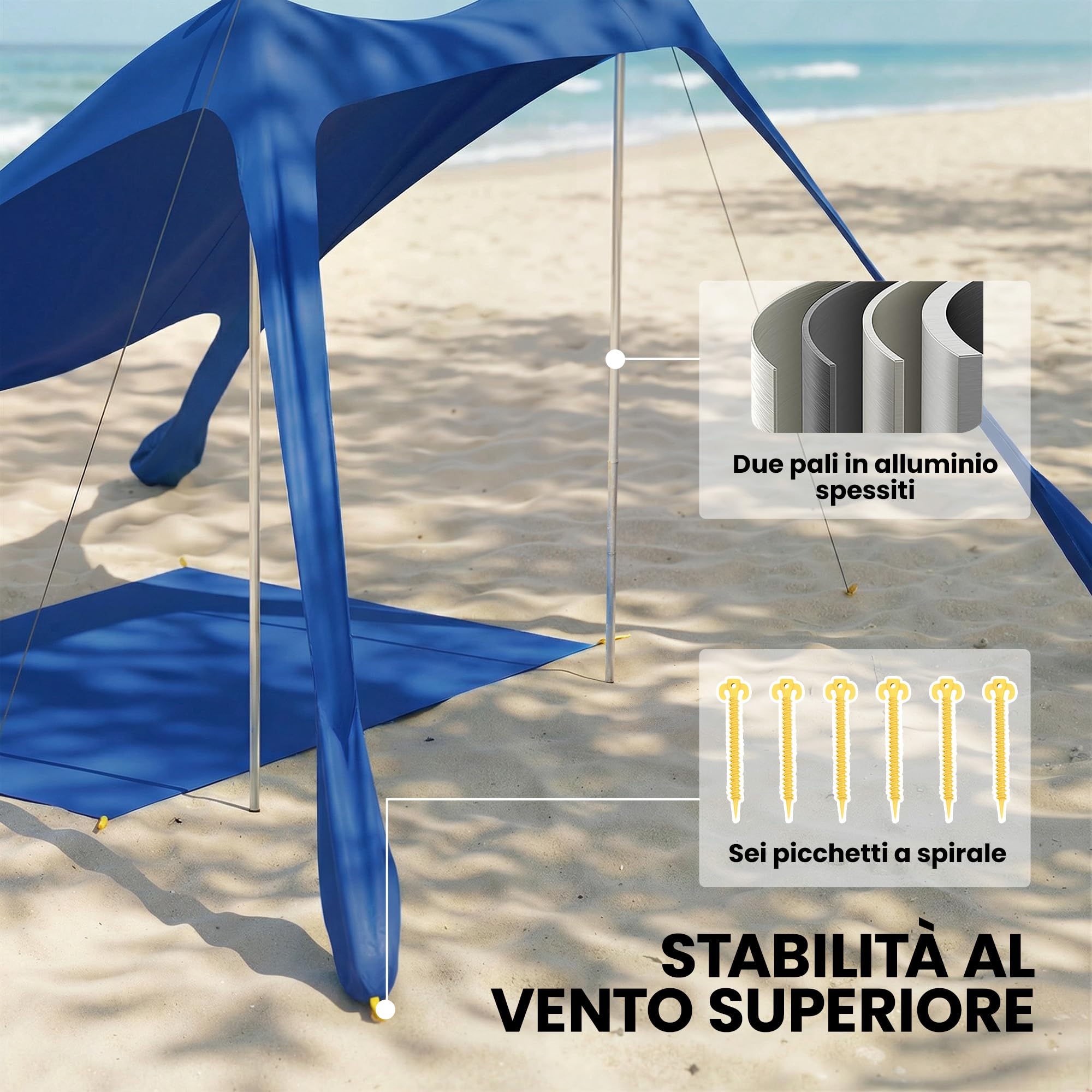 Outsunny Tenda da Spiaggia per 2-4 Persone, Tenda Mare con Tappetino e Pala, Protezione Solare UPF50+, Pali in Alluminio e Picchetti, Resistente al Vento, 200x208x200 cm
