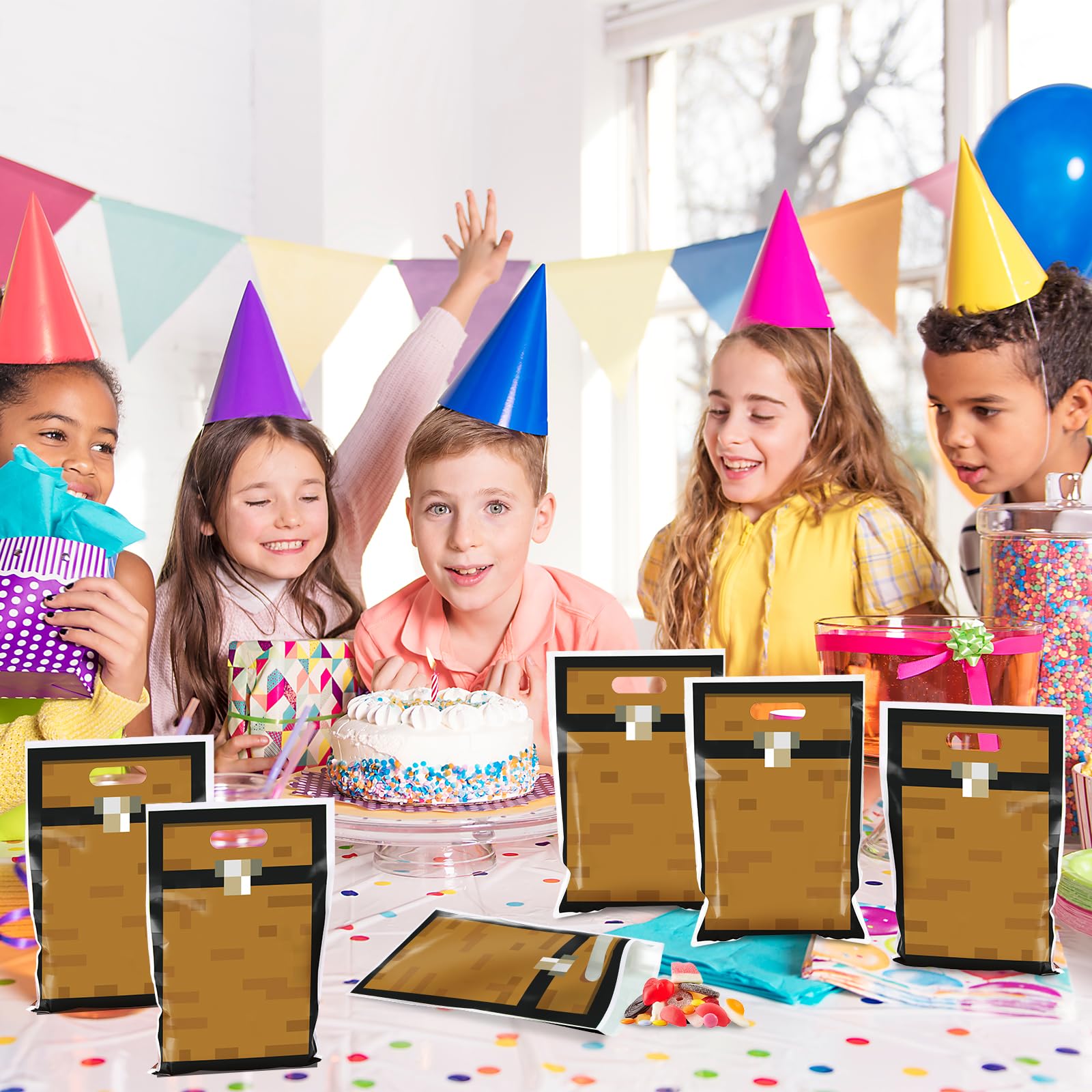 50Pcs Pixel Treasure Chest Favors Bag Pixel Birthday Party Plastic Gift Bags Video Game Party Candy Bag Video Game Theme Goodie Treat Bags for Kids Gamer Birthday Decoration Supplies 9.8 x 6.5Inch
