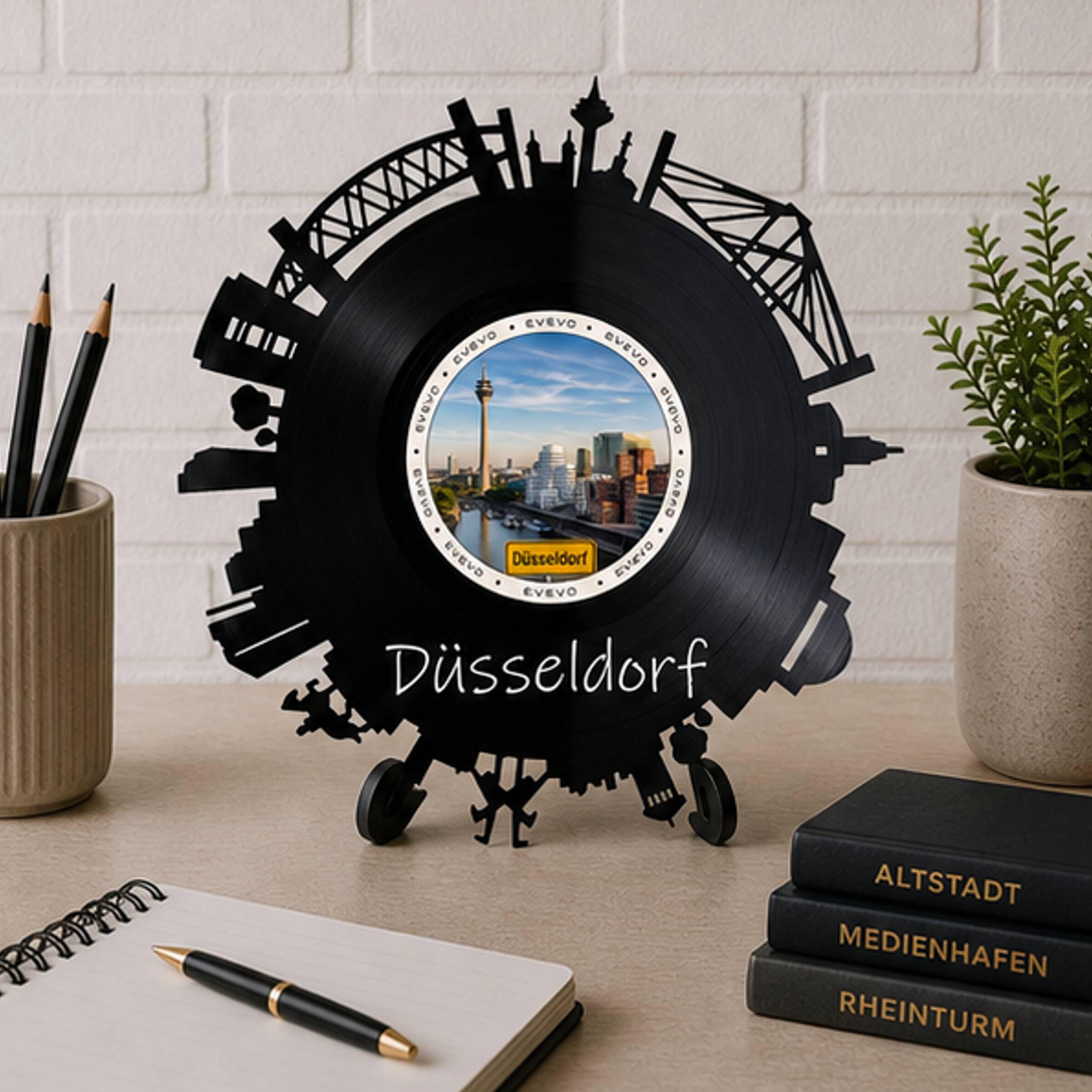 EVEVO Dekoracja ścienna z płyty gramofonowej Düsseldorf - winylowa sztuka ścienna Nadrenia Północna-Westfalia panorama prezent dla fanów Düsseldorfu, Nadrenii MedienHafen-Liebhaber D0061