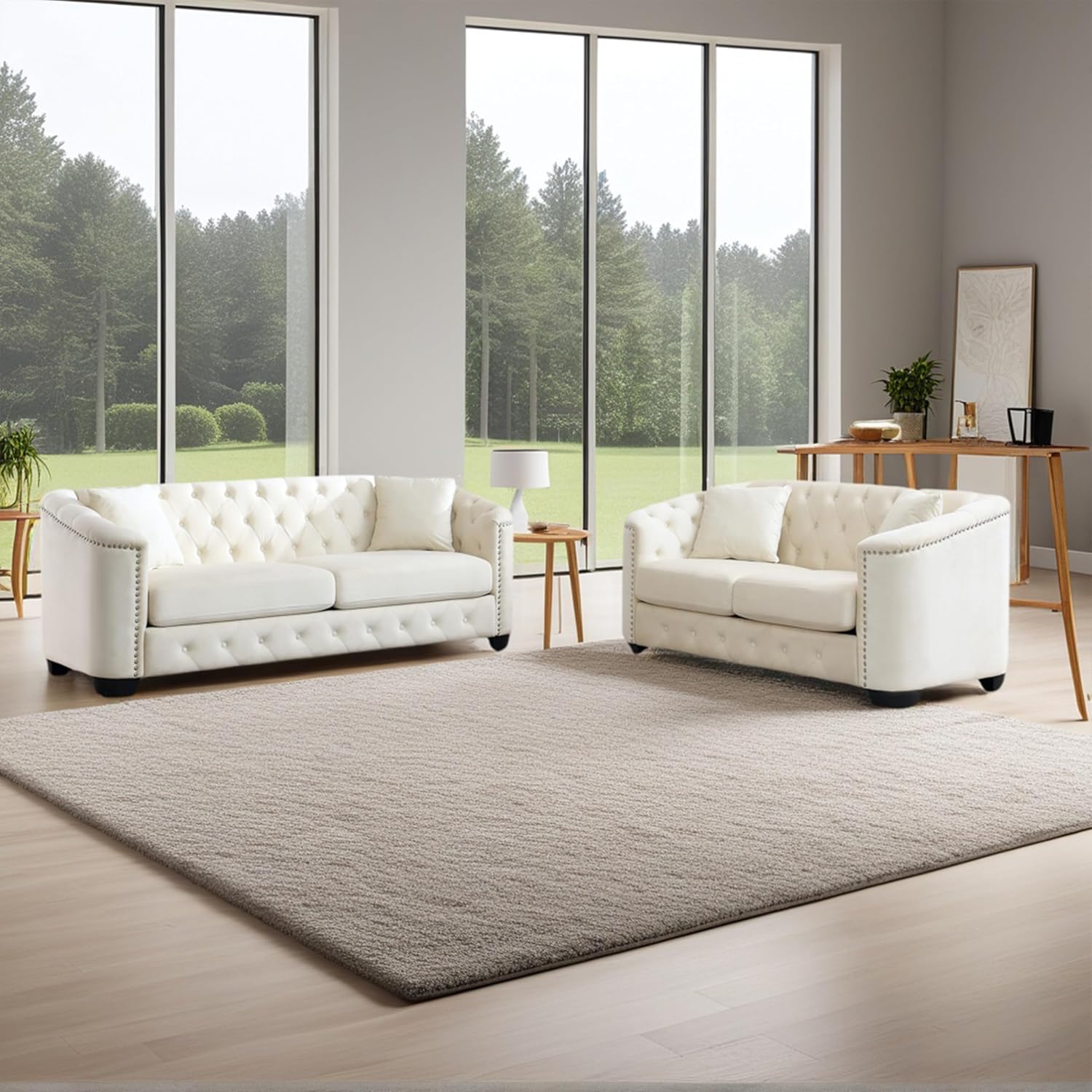 2 Piece Modern Chesterfield Velvet 77" 3-Seater + 59" Loveseat Sofa Set, Upholstered Tufted Backrests with 8" Nailhead Arms and 4 Cushions for Living Room (Beige, 77" 3-Seater + 59" Loveseat Sofa Set)