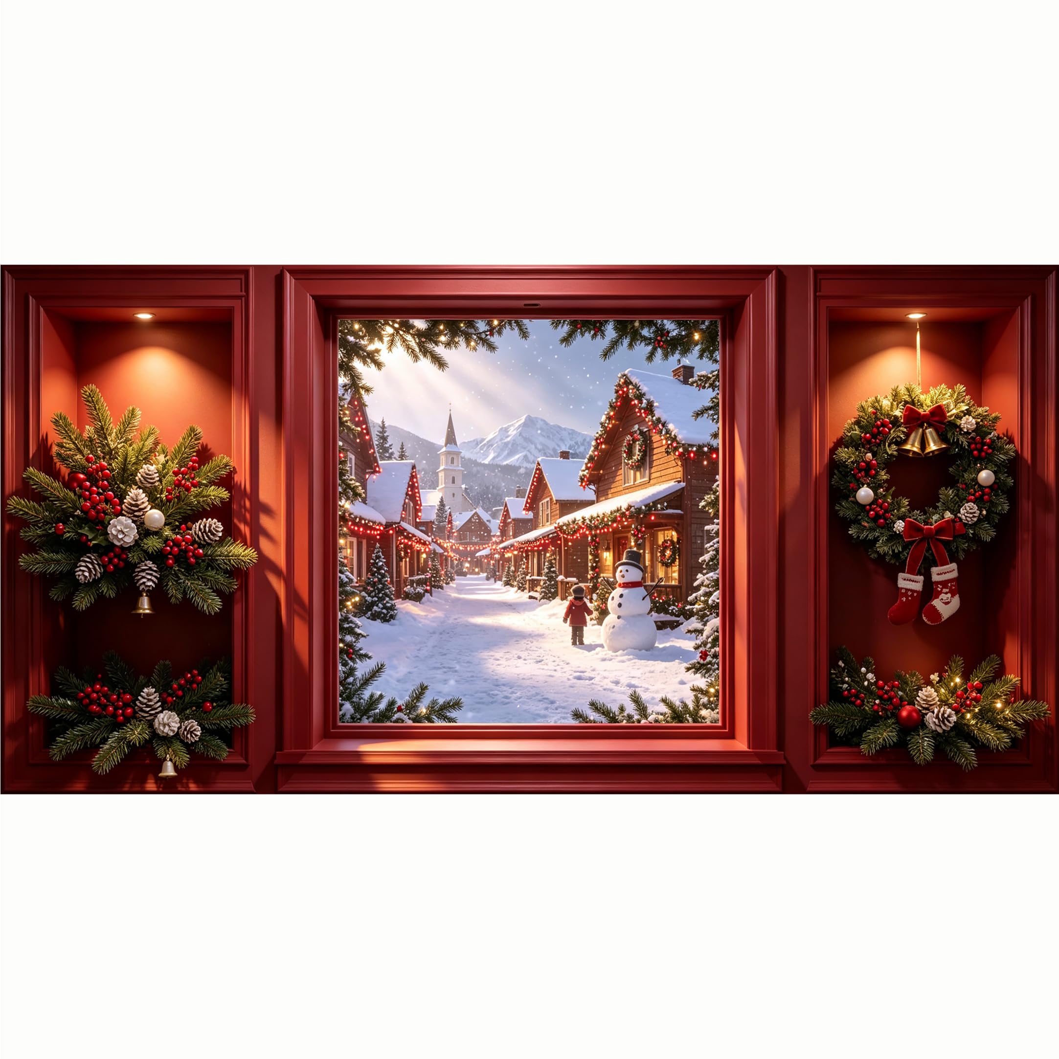 QZLITHOTIC 50x100cm 3D Framed Wall Art， Winter Snowy Village Landscape Christmas Wreath Decor Self‑Adhesive Mural， Water‑Activated Peel & Stick Fabric Decor Wall Decal for Bedroom Living Room