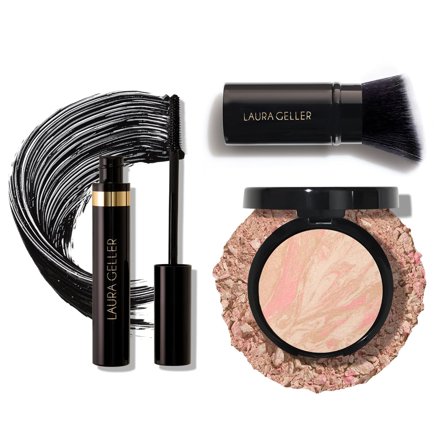 LAURA GELLER NEW YORK Baked Balance-n-Brighten Powder Foundation, Porcelain + Retractable Angled Kabuki Brush + Kajal Longwear Length and Volume Black Mascara