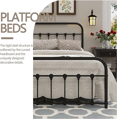 Miniatura 6 de AUFANK Base de cama de metal tamaño Queen con cabecera y estribo de estilo victoriano vintage, base de colchón de metal sólido y resistente, no