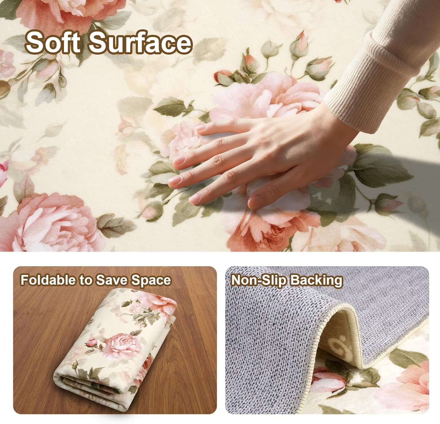 MOSISO 5x7 Area Rug for Living Room, Soft Non-Slip Spring Rose Garden Low Pile Carpet, Faux Wool Rectangular Washable Floor Mat for Home Decor Bedside Bedroom Diningroom, Beige