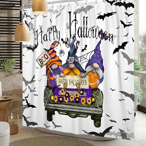 Miniatura 2 de DASHAN Cortina de ducha de Halloween, gnomos y murciélagos, cortinas de ducha para baño, cortina de baño de truco o trato, decoración de fiesta de