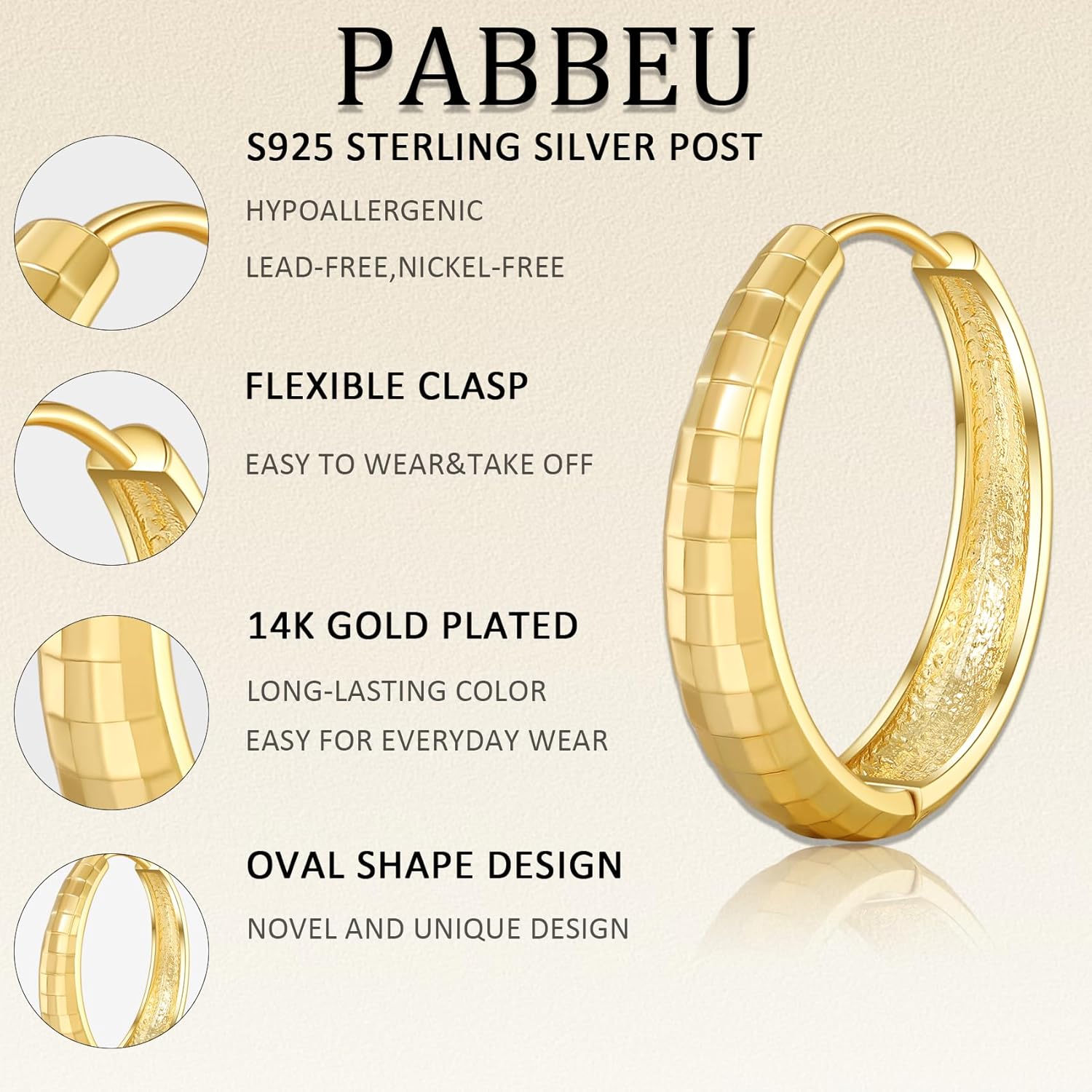 PABBEU Gold Hoops Earrings for Women Huggie Hoop Earrings 14K Gold Oval Hoop Earrings for Women Hypoallergenic Thick Gold Hoop Earrings for Women Gift - Image 2