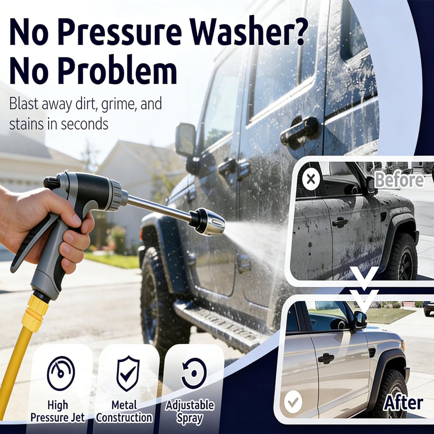 Pressure Washer Compatible with All Garden Hoses, 3 Spray Modes, 360° Adjustable Spray, Lock-On Trigger Reduces Fatigue, Durable Stainless Steel for Cars & Patios (49.2 ft hose + foam pitcher)