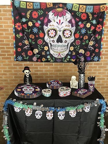 Miniatura 4 de USERTEN 97 piezas de suministros de decoración de fiesta del Día de los Muertos con calavera de azúcar, juego de vajilla mexicana para 12 invitados,