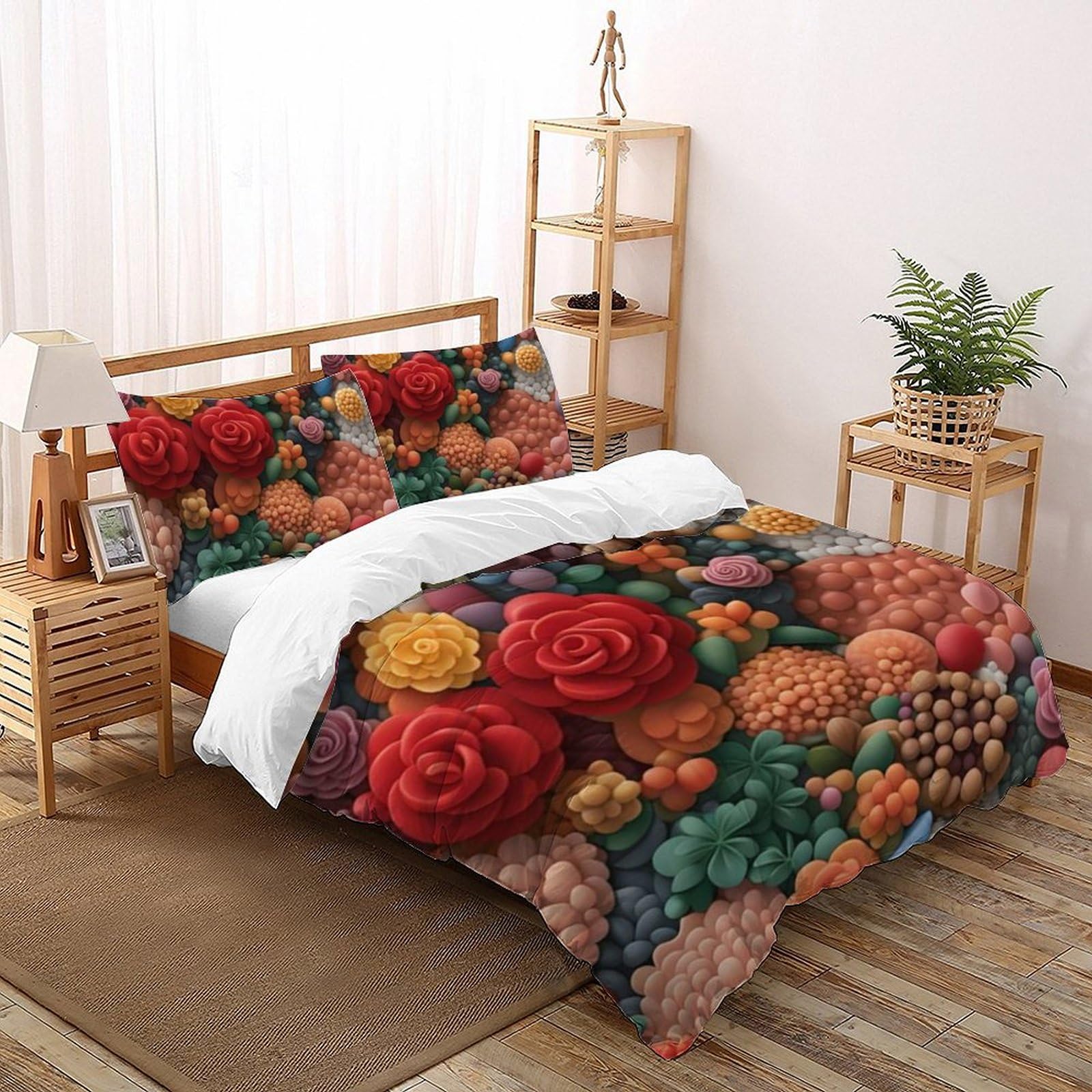 Housse de couette 200x200cm imprimé 3D fleurs pour grand lit enfant et ado avec taies d'oreiller