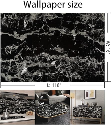 Miniatura 8 de Papel tapiz extra ancho de granito de mármol para despegar y pegar, color negro y blanco, 31.5 x 157 pulgadas, papel de contacto oscuro brillante