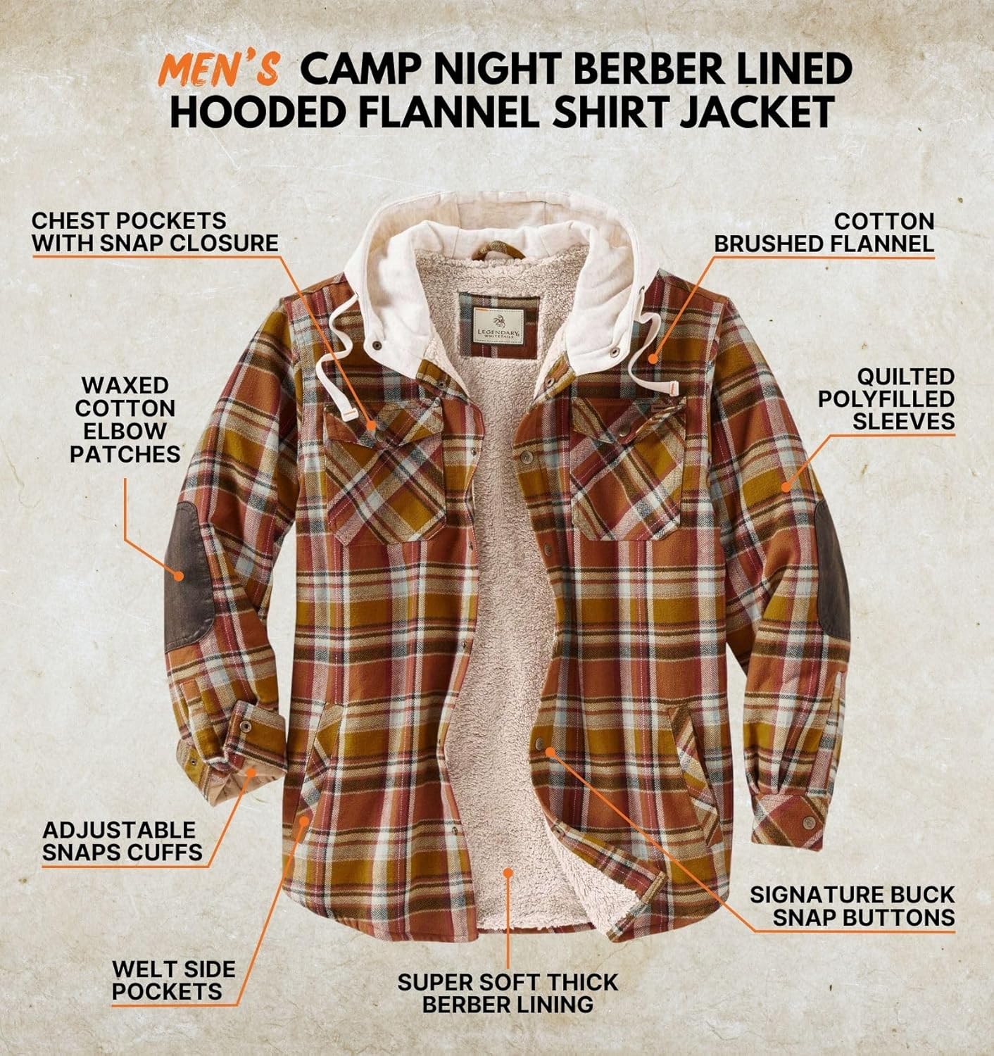 Legendary Whitetails Men's Hooded Shirt Jacket Plaid Flannel Berber Lined Polyfill Insulated - Image 4