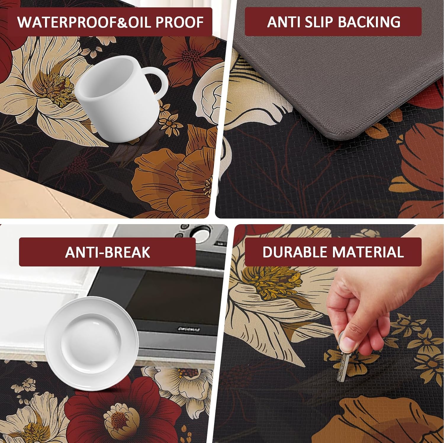Kitchen Mats for Floor 2PC Anti Fatigue Waterproof Flora Padded Kitchen Rugs for Laundry Desk Bar Black 17"x30"+17"x59"