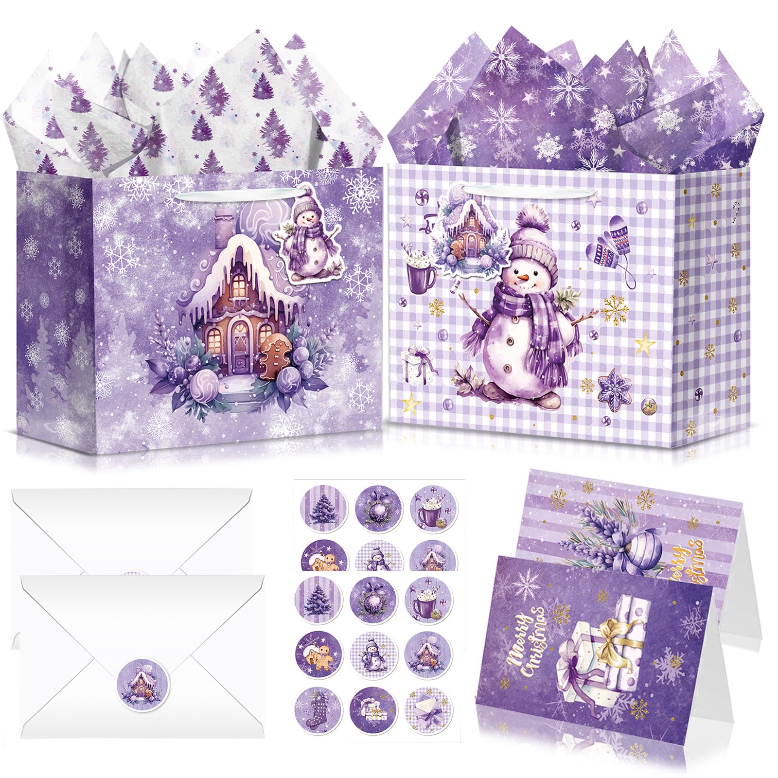 4Pcs Christmas Paper Gift Bags with Tissue,Luxury Xmas Gift Bags Medium Multipack with Handle include Envelopes Stickers Cards,Purple Paper Tote Bag for Present Girls Xmas Gift Wrapping Party Supplies — image 1