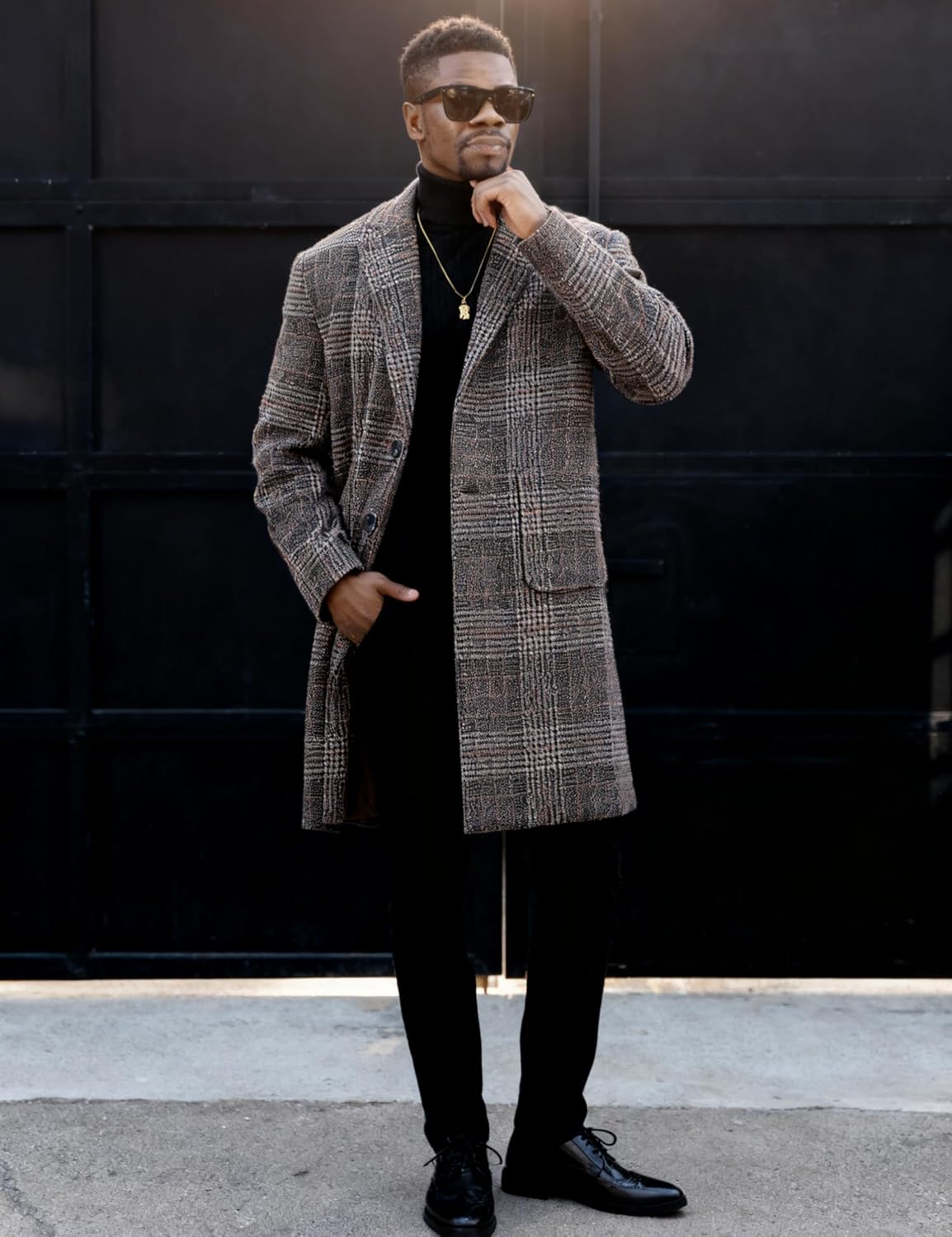 UANEO Mens Winter Trench Coat Notched Collar Single Breasted Plaid Mid Long Peacoat Overcoats with Pockets