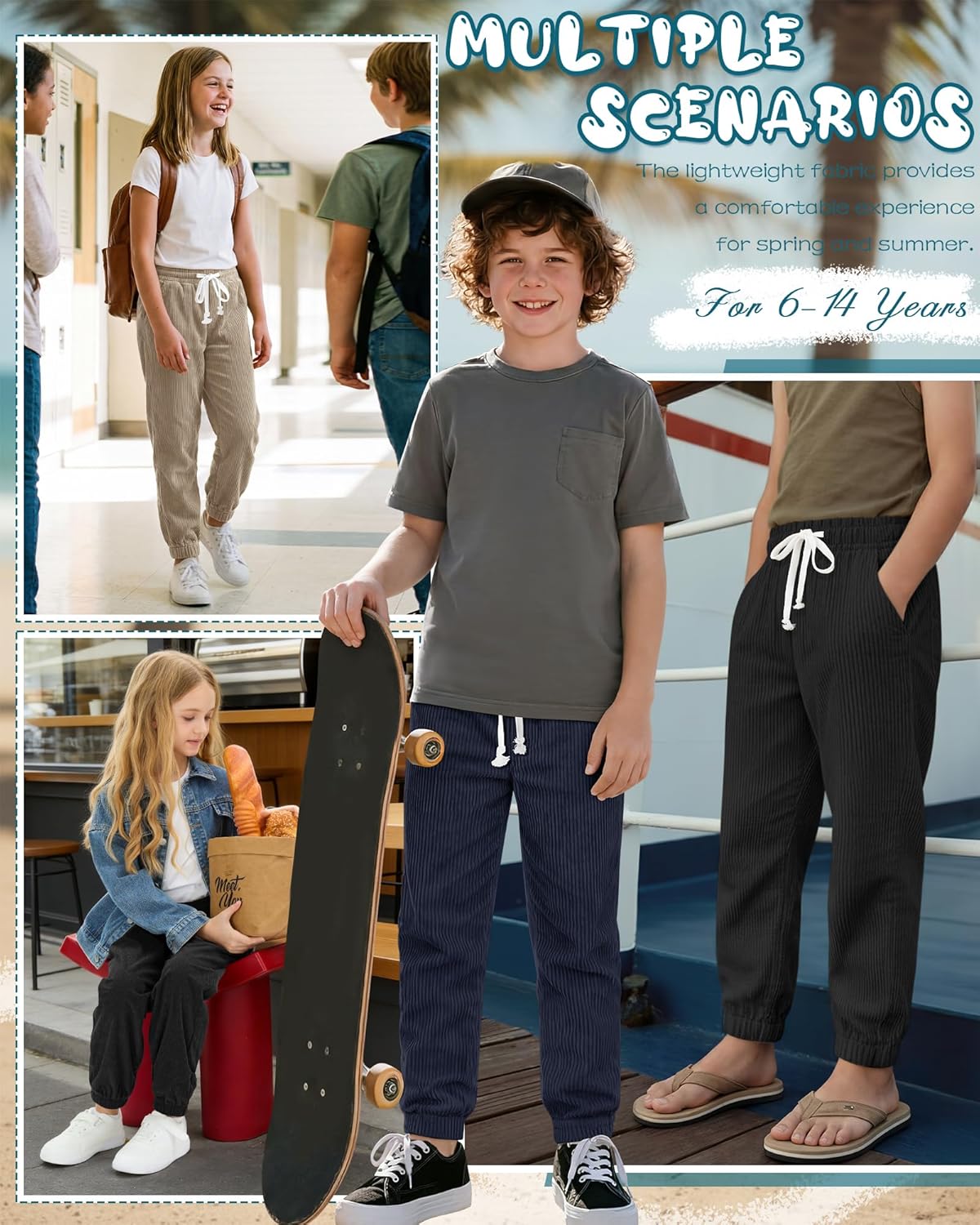 3 Pack Girls' Boys Sweatpants Corduroy Drawstring Athletic Joggers Kids Lightweight Uniform Pants with Pockets - Image 3