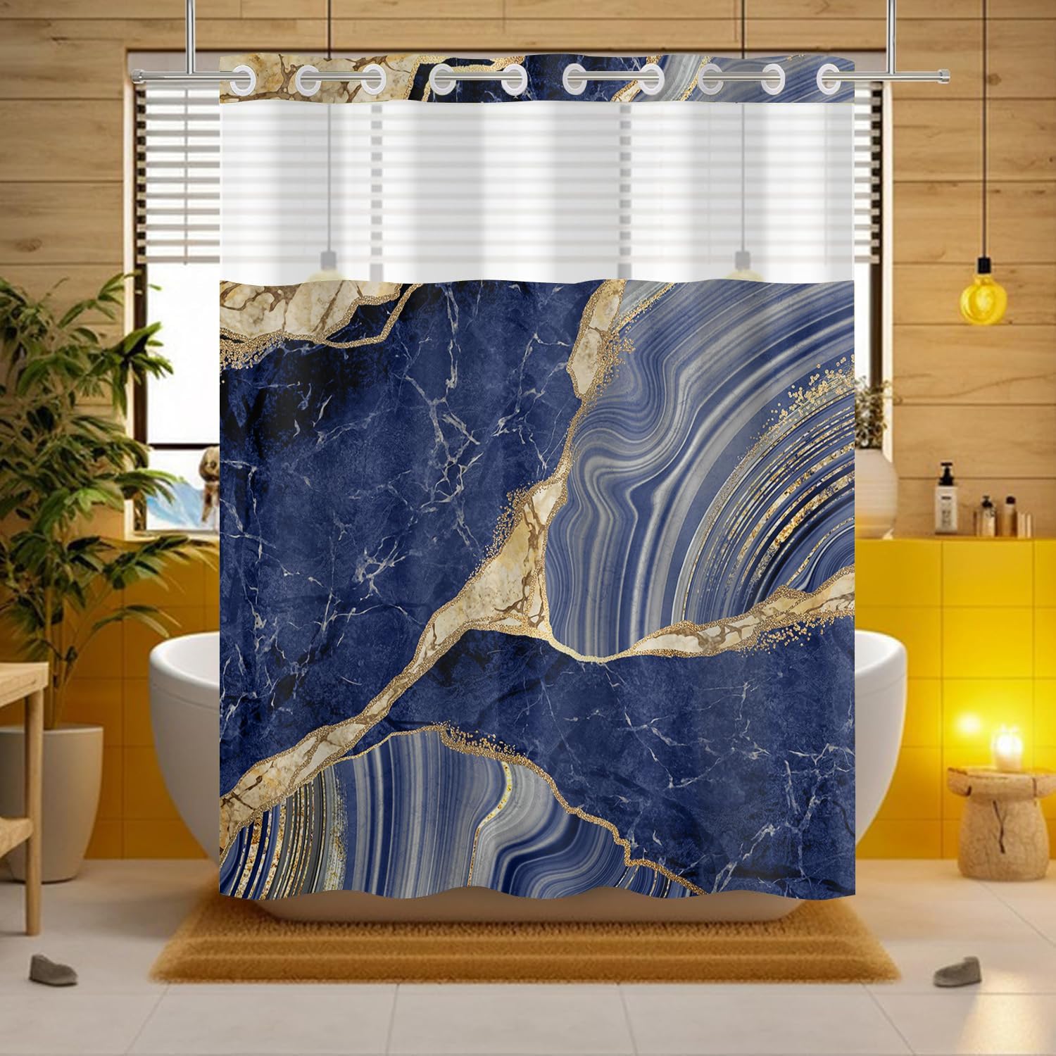 No Hook Blue Shower Curtain with Snap in Liner, Vintage Sea Turtle Bathroom Decor, Waterproof Fabric with See Through Top Window Open Grommet Bath Curtain, 71x74 Inch