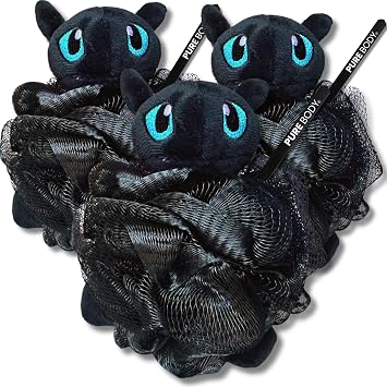 Bath Sponge Loofah - Black Dragon Inspired Soft Mesh Body Pouf, Gentle Shower Sponges with Hanging Rope, Pack of 3