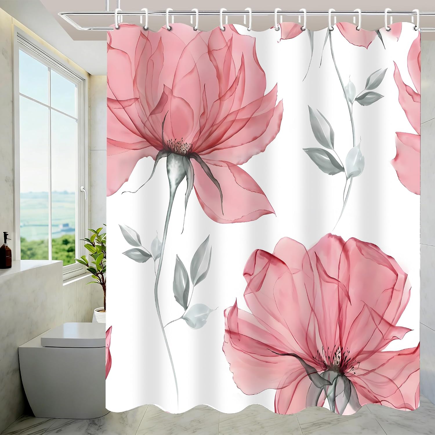 Nkzply 4 Pcs Pink Flowers Shower Curtain Set Floral Leaves Bathroom Set with Shower Curtain and Rugs, Pink White Minimalist Bath Curtain with Hooks for Modern Home Decor