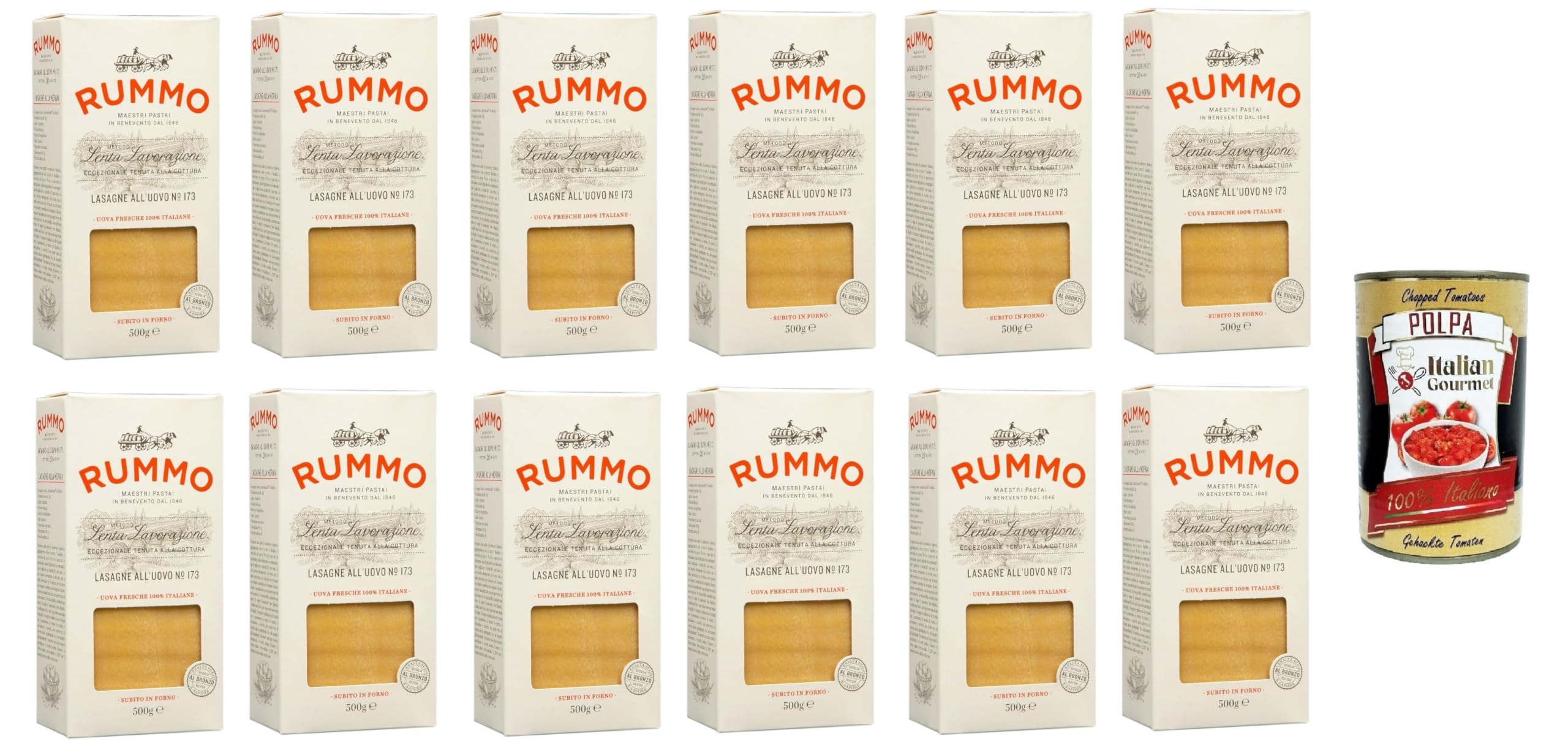 Italian Gourmet Lasagne all'uovo N.173 Pasta, Eiernudeln 12 x 500g | Sfoglie ruvide per ricette al forno; bronzierte Platten für Auflauf e cucina, Gesamtnettogewicht 6 kg + Kostenlos Polpa 400g