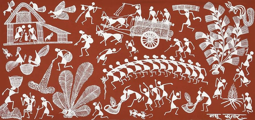 Exotic India Village Scene - Warli Painting On Cotton Fabric - Folk Art of The Warli Tribe (Maharash : Amazon.in: Home & Kitchen