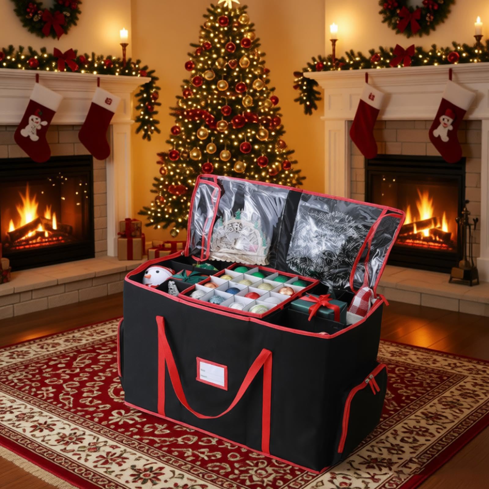 ENEN Weihnachtskugeln Aufbewahrung, 80 Fächer Weihnachtskugelboxen, 600D Oxford-Gewebe Aufbewahrungsbox Weihnachtskugeln mit Deckel, Griffen, Verstellbaren Trennwänden (Schwarz,71x31x45cm)
