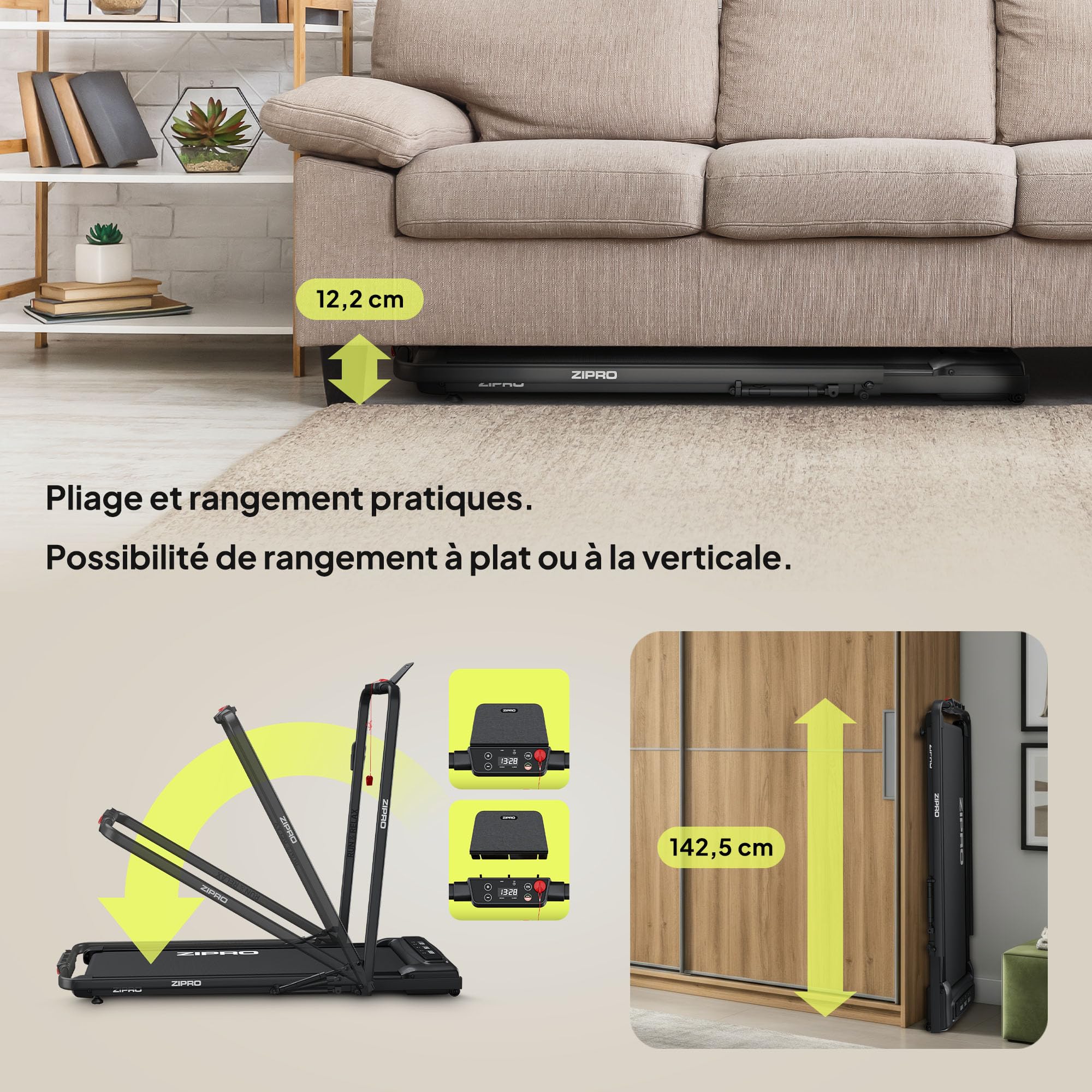ZIPRO Newlite Tapis de Course Pliable, Walking Pad, Deux Modes d’Entraînement, Design Compact FlatFold, Vitesse 1-10 km/h, Capacité jusqu'à 110 kg, Amorti Easy Walk, Moteur Silencieux, Écran LED