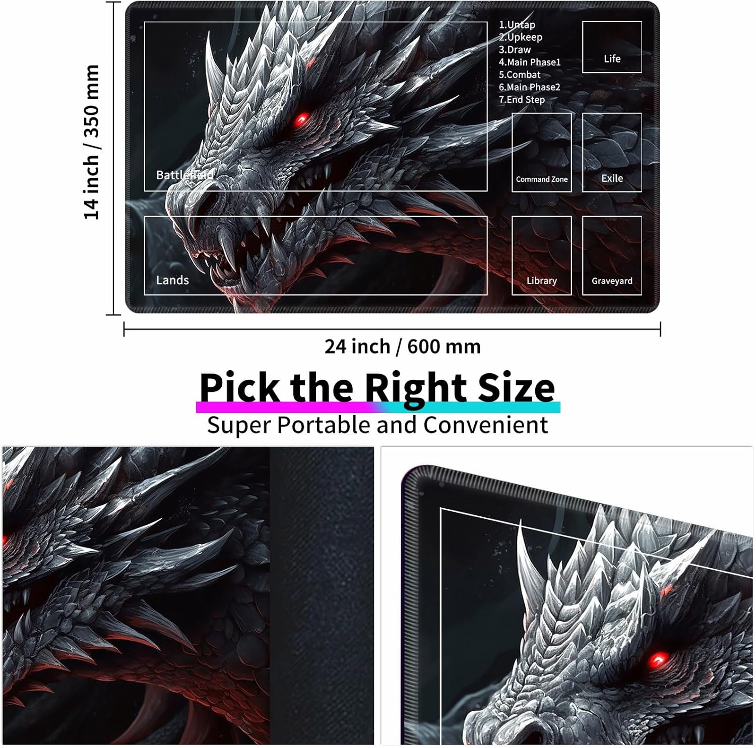 MTG Playmats for Magic The Gathering - 24" x 14" Game Play Mat with Zones & Storage Bag, Mousepad Desk Mat, Dragon Dark