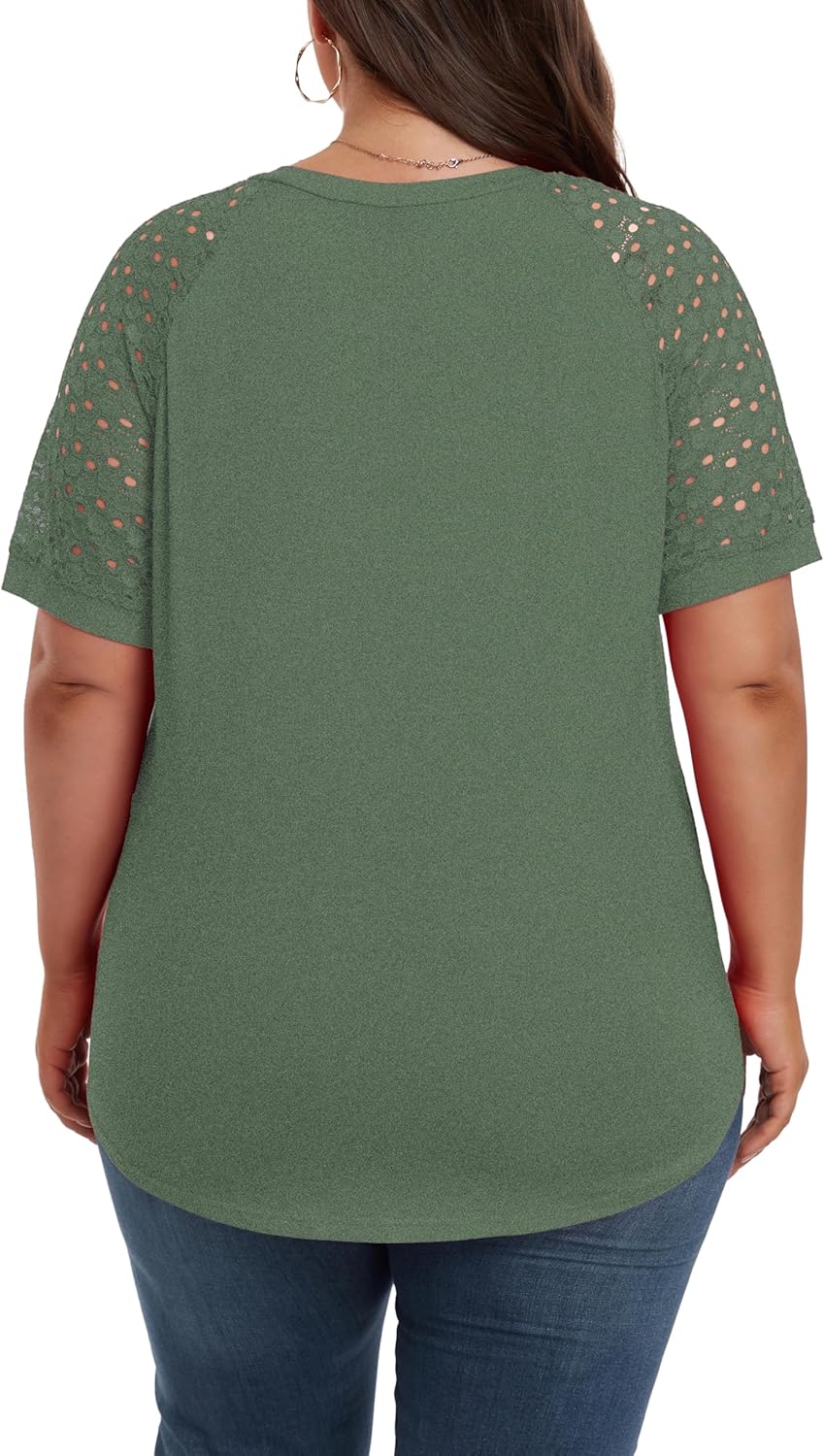 Women's Plus Size Lace Shirt Short Sleeve Round Neck Tops Basic Ladies Loose Fit T Shirt - Image 4