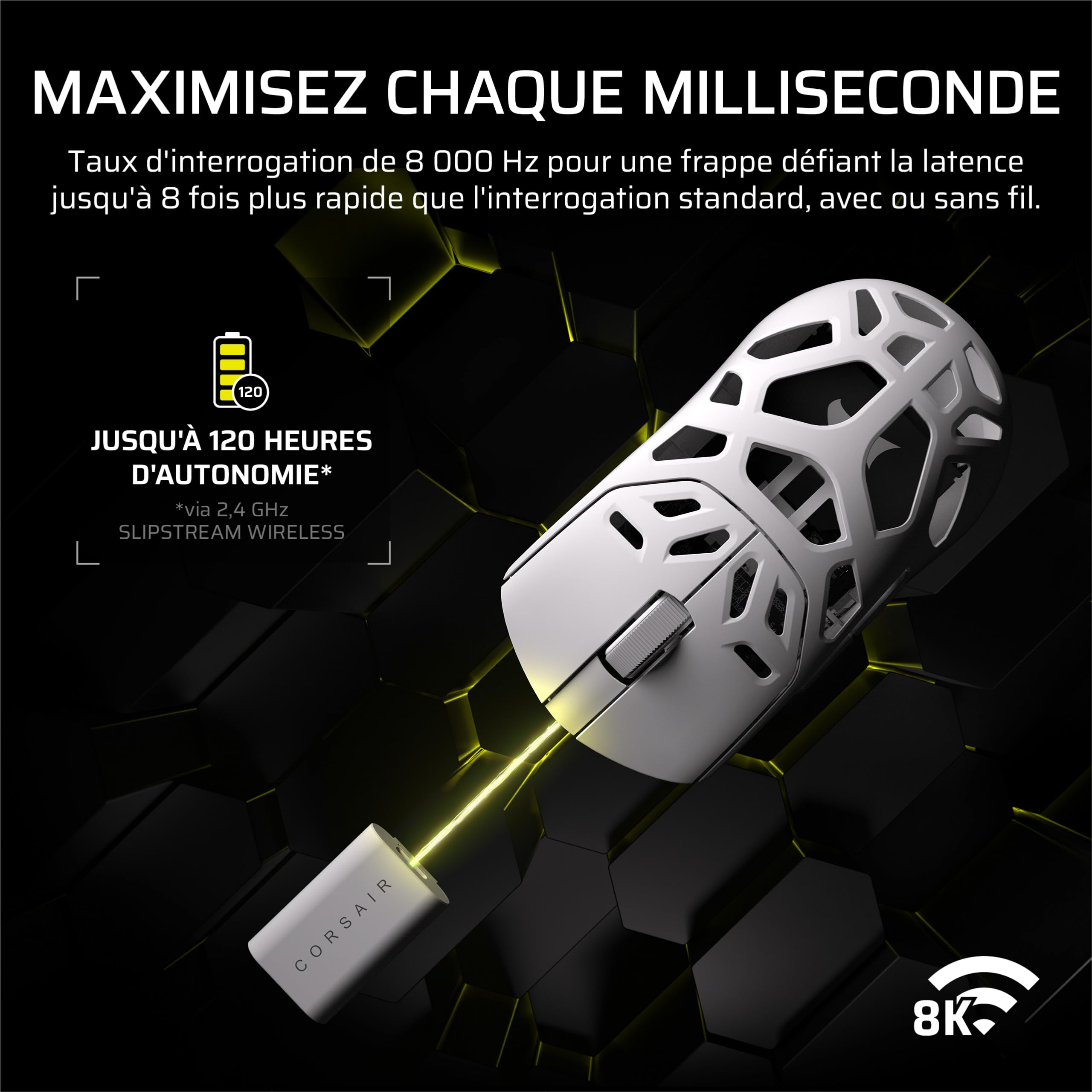 Corsair Sabre v2 Pro MG sans Fil Souris Gaming, 33 000 DPI – Blanc | D’Interrogation de 8 000 Hz, Coque en Alliage de Magnésium de 56 g, Jusqu'à 170 Heures D'autonomie de la Batterie, Web Hub