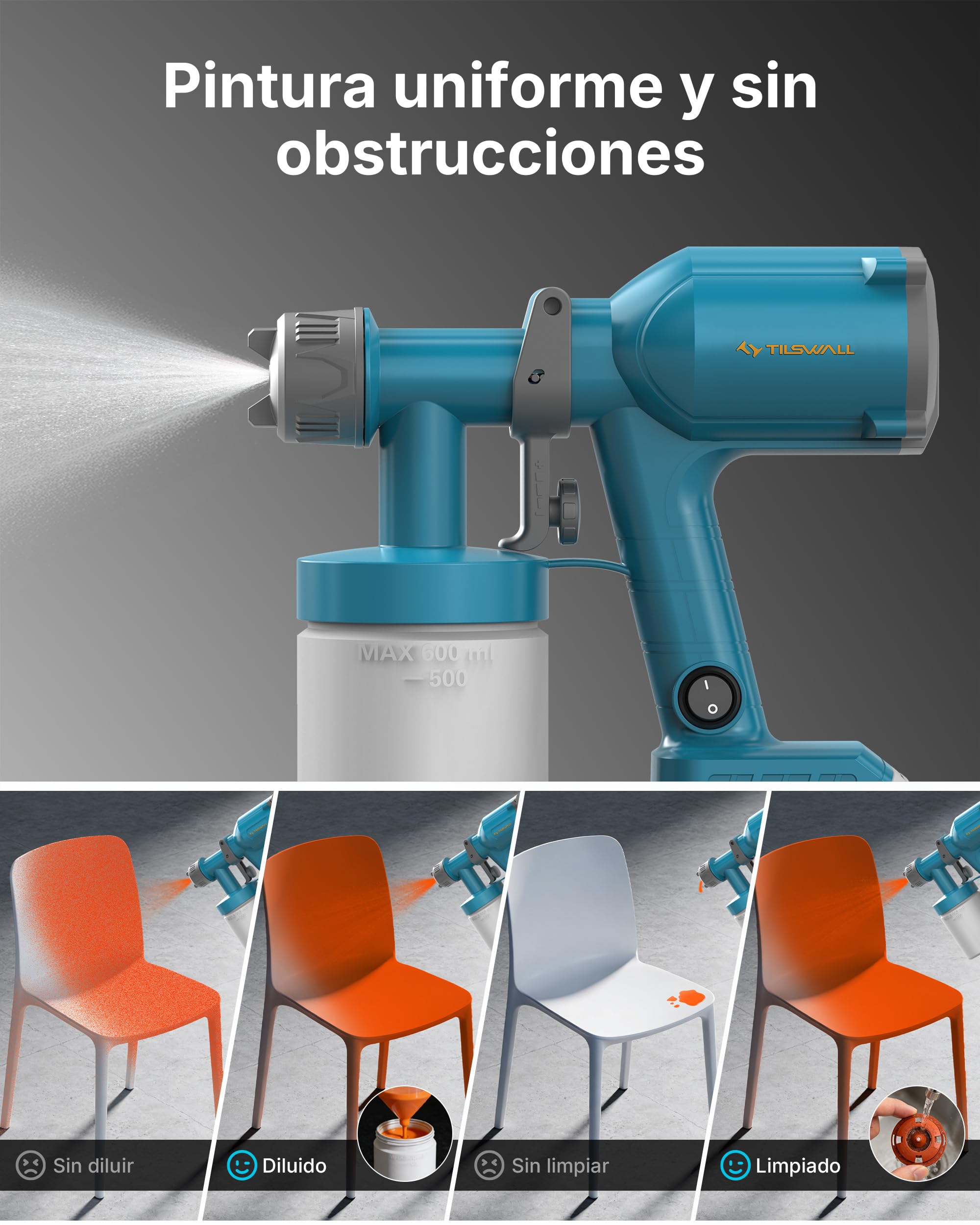 Tilswall Pistola de Pintura Eléctrica - Pistola Pulverizadora Eléctrica Inalámbrica y Ultraligera - Compatible Batería Makita 18V (No Incl.) 600ml, 2 Boquillas & 3 Modos, Para Pintar Paredes y Muebles