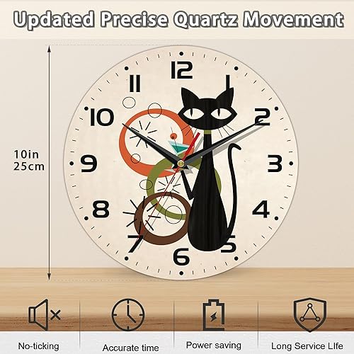 Miniatura 2 de Reloj de pared, reloj de pared de gato negro, reloj de pared de madera, reloj colgante de arte silencioso sin tictac, funciona con pilas, redondo