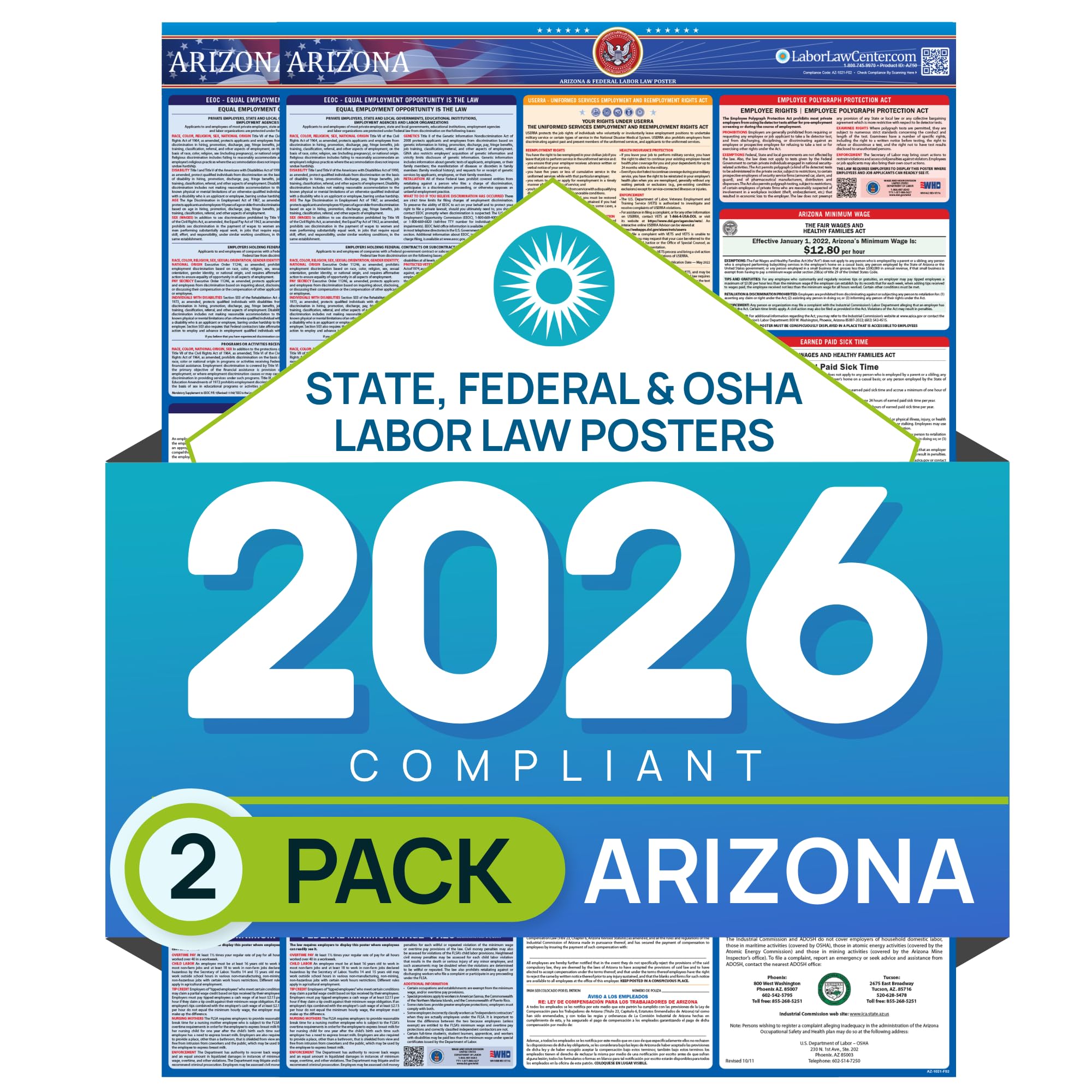 Arizona 2026 Labor Law Poster – State & Federal Compliance – OSHA, EEOC, FMLA, Minimum Wage – Durable, Laminated & Waterproof Workplace Employment