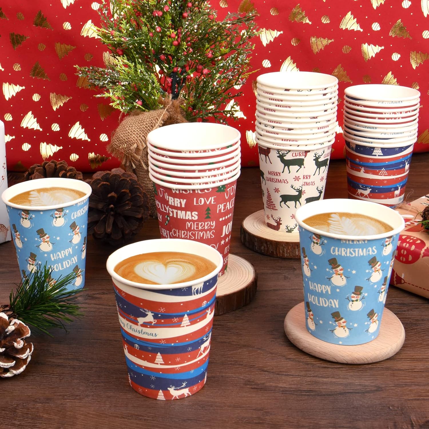 Homlouue 48 PCS Christmas Cups Disposable Coffee Tea Cups Reindeer Christmas Tree and Snowman 9 Oz Holiday Paper Cups for Christmas Party Coffee Tea Hot Chocolate, 4 Styles : Home & Kitchen