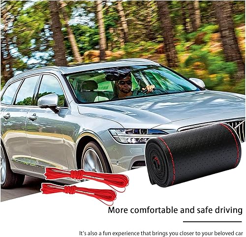 Miniatura 6 de Funda de cuero genuino para volante, protector universal de 15 pulgadas para volante de automóvil con hilo de aguja, funda transpirable