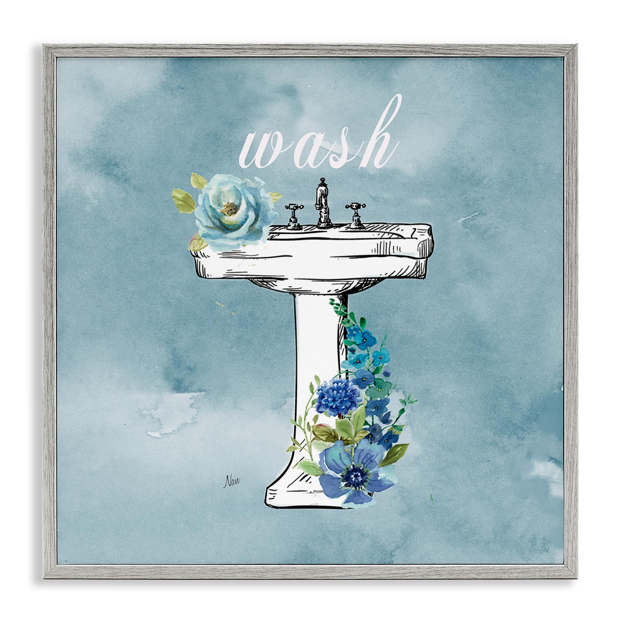 Stupell Industries 'Floral Bathroom Rules Wash', Framed Giclee Art, Gray, 12 x 12 Inches, Easy to Hang and Sturdy, Made in USA, by Nan