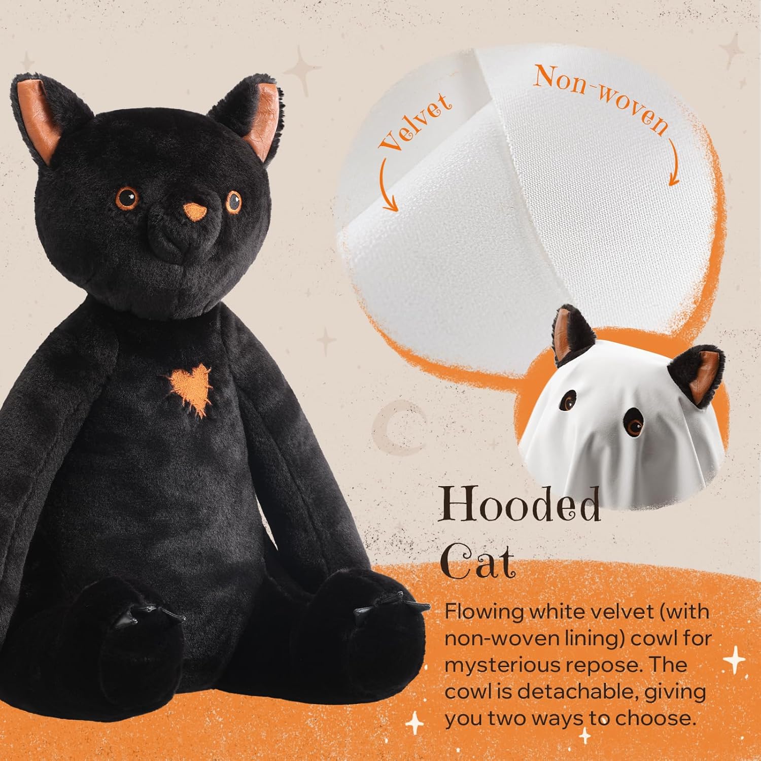 Phantoscope Bundle -Halloween Ghost Shaped Throw Pillow with 3D Pumpkin White 20 x 16 inch & Soft Faux Rabbit Fur Black Cat Shaped Pillow with Velvet Hood 19.5 x 13 in