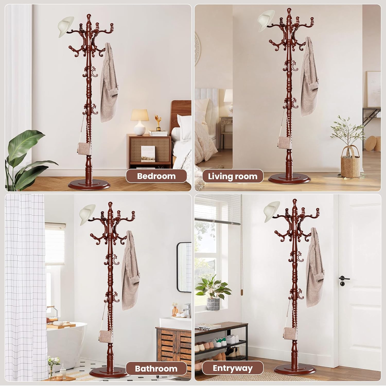 Coat Rack Tree Freestanding, Wooden Coat Rack Stand with 14 Hooks, Vintage Heavy Duty Standing Coat, Sturdy Hanger Corner Hall Tree for Bedroom, Office, Entryway（red）