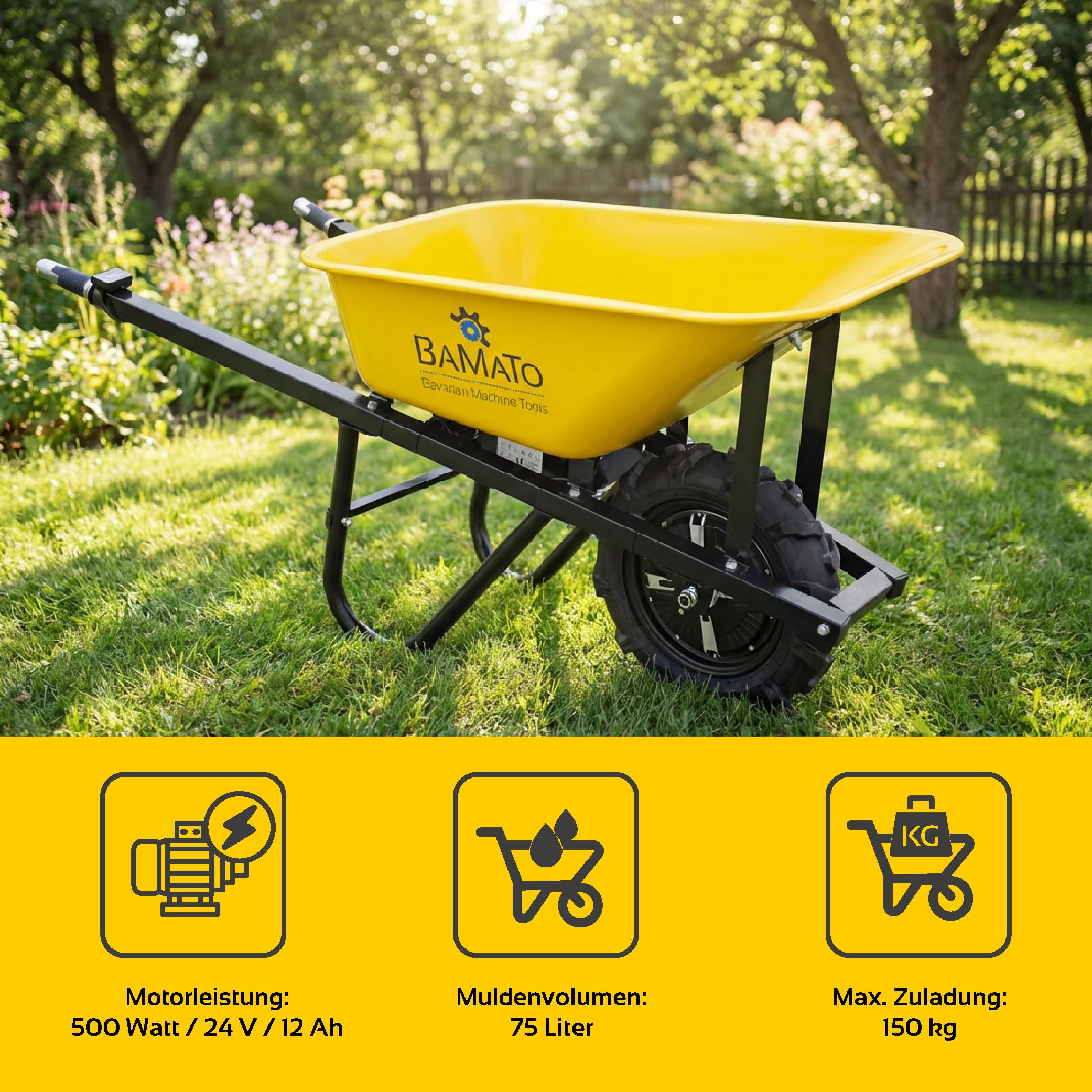 BAMATO elektrische Schubkarre MTR-150 | leistungsstarker 500W Elektromotor | Tragkraft 150 kg | Fassungsvermögen 75 Liter | Schubwagen Elektro
