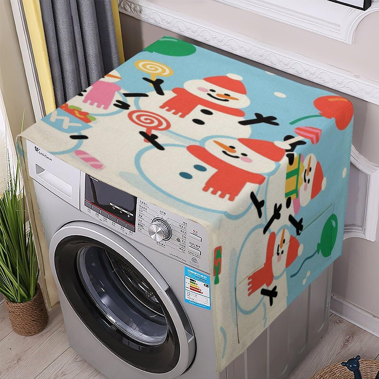 Fodpand White Washing Machine Cover For Top Load Dustproof Christmas Snowman Candy Washer And Dryer Cover With Storage Pockets Household Appliance Covers Washable Top Protector Mat Pad For Laundry & Kitchen